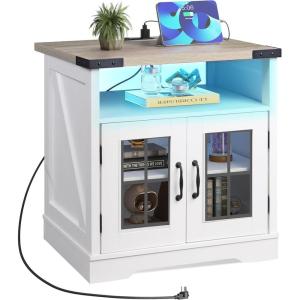 imageWLIVE Farmhouse End Table 24quot Side Table with Charging Station LED Farmhouse Nightstand with Adjustable Storage Shelf for Living Room Bedroom Office Rustic Wood Bedside Table EspressoGreige