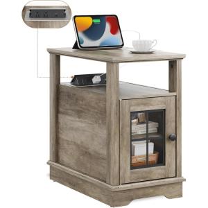 imageWLIVE Farmhouse End Table with Charging Station Narrow Side Table for Living Room Night Stand with Storage Small Nightstand with USB Ports and Outlets for Bedroom 2362quot D x 1398quot W x 237quot HGreige