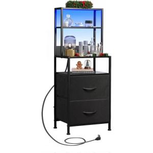 imageWLIVE Nightstand with Charging Station LED Night Stand with 2 Fabric Drawers and 4 Storage Open Shelves Bedside End Table for Bedroom WhiteBlack