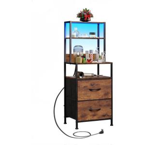 imageWLIVE Nightstand with Charging Station LED Night Stand with 2 Fabric Drawers and 4 Storage Open Shelves Bedside End Table for Bedroom WhiteRustic Brown