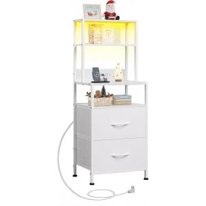 imageWLIVE Nightstand with Charging Station LED Night Stand with 2 Fabric Drawers and 4 Storage Open Shelves Bedside End Table for Bedroom WhiteWhite