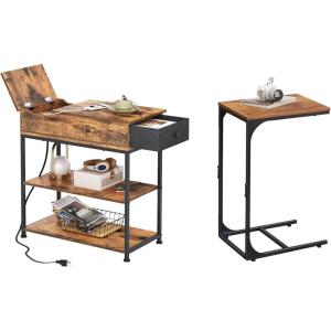 imageWLIVE Side Table with Charging StationC Shaped End Table Rustic Brown