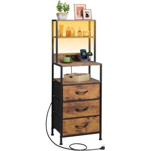 imageWLIVE Tall White Nightstand with Charging Station LED Night Stand with 3 Fabric Drawers and Storage Open Shelves Bedroom Nightstand Table Bed Side Table for Living RoomRustic Brown