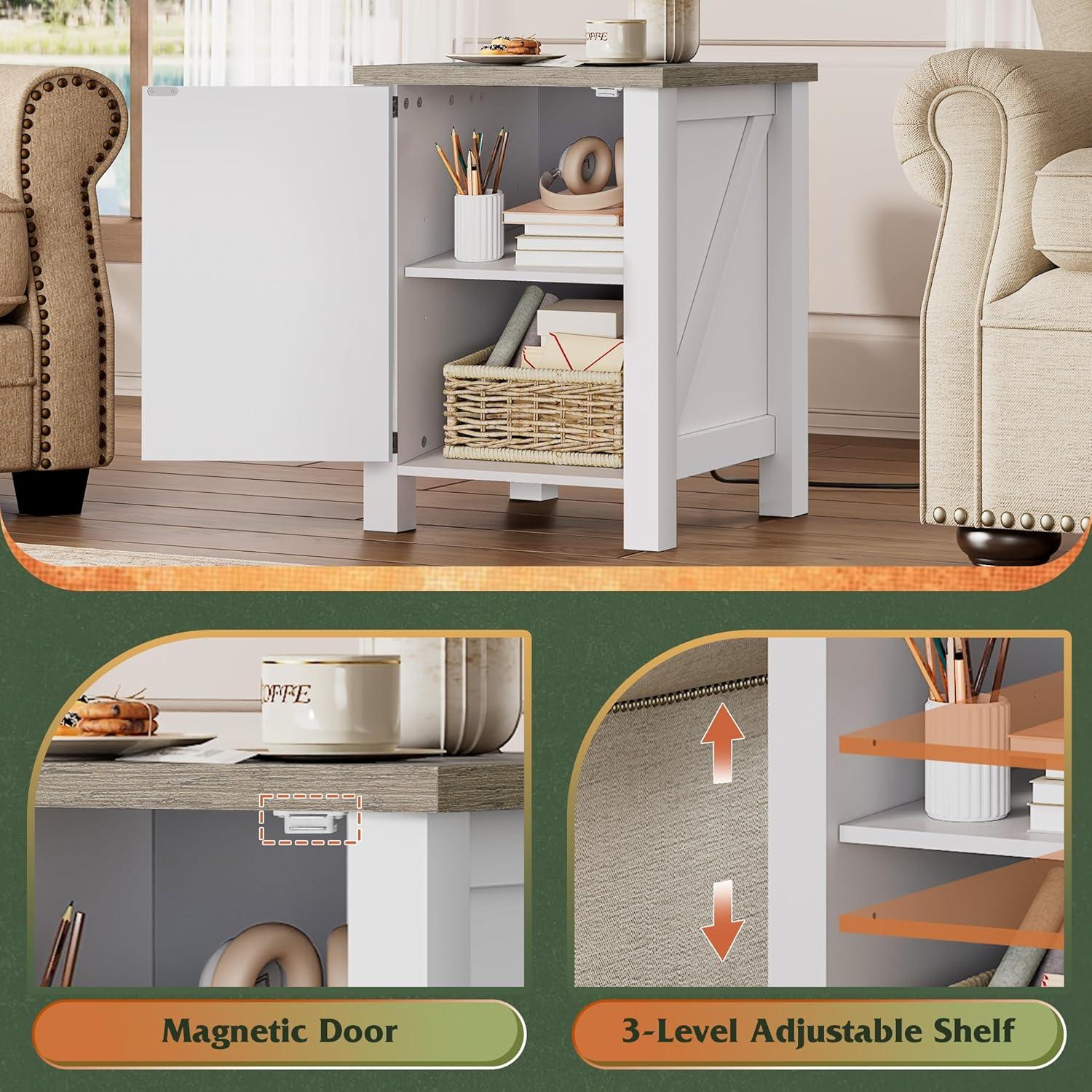 imageWLIVE Nightstand with Charging Station Farmhouse Night Stand with Barn Door and Storage Wooden Cabinet End Side Table with USB Ports and Outlets for Bedroom WhiteWhite