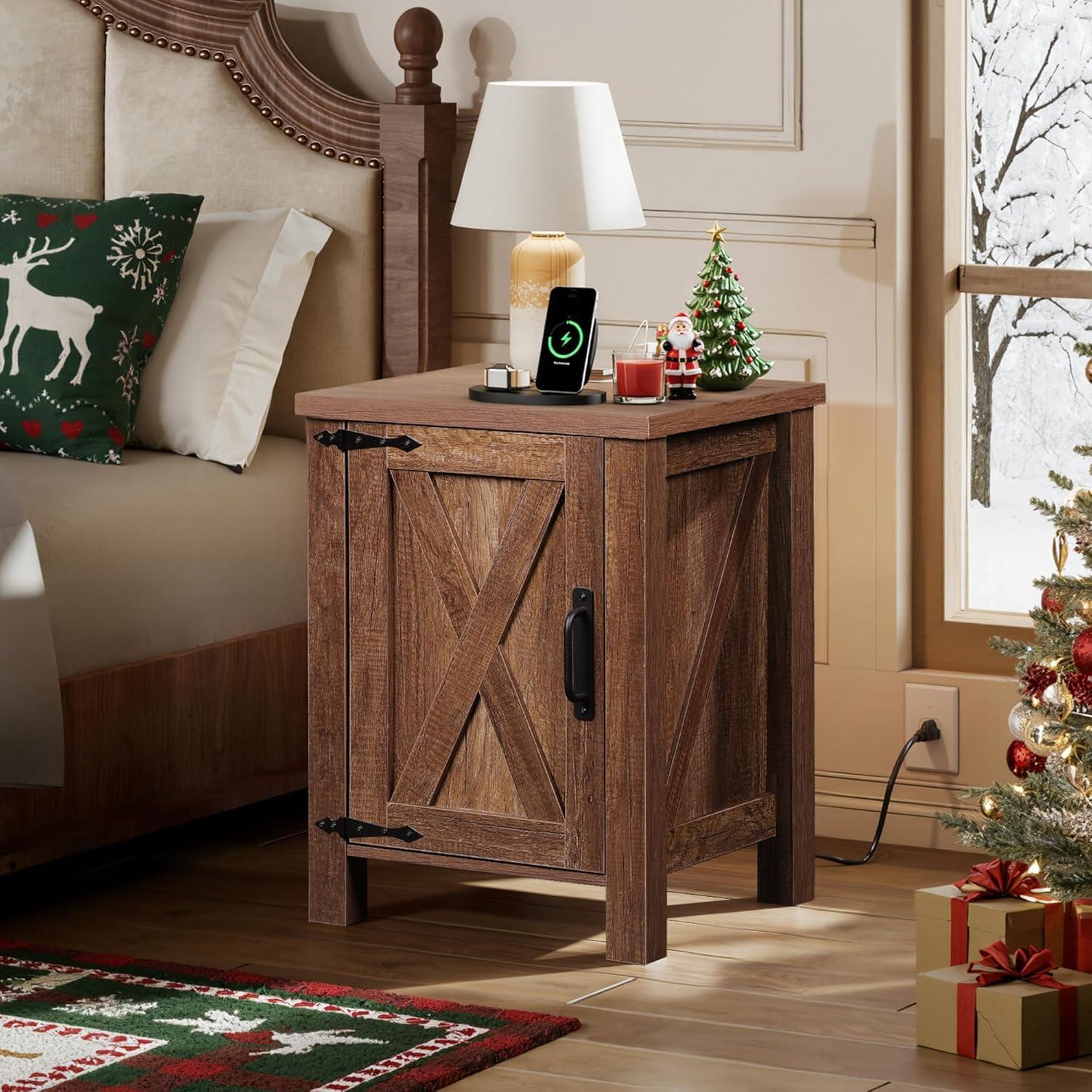 imageWLIVE Nightstand with Charging Station Farmhouse Night Stand with Barn Door and Storage Wooden Cabinet End Side Table with USB Ports and Outlets for Bedroom WhiteRustic Brown