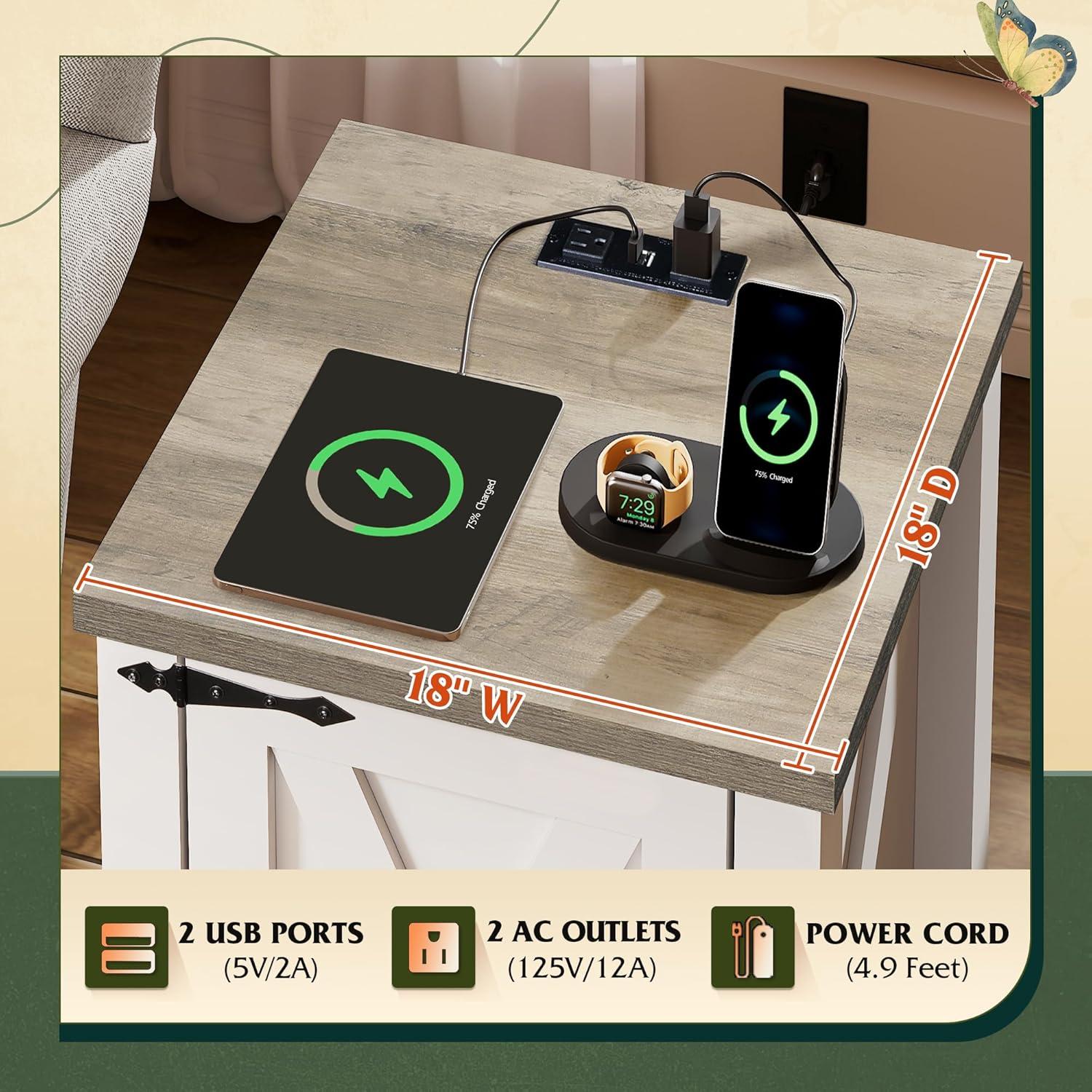 imageWLIVE Nightstand with Charging Station Farmhouse Night Stand with Barn Door and Storage Wooden Cabinet End Side Table with USB Ports and Outlets for Bedroom WhiteWhite