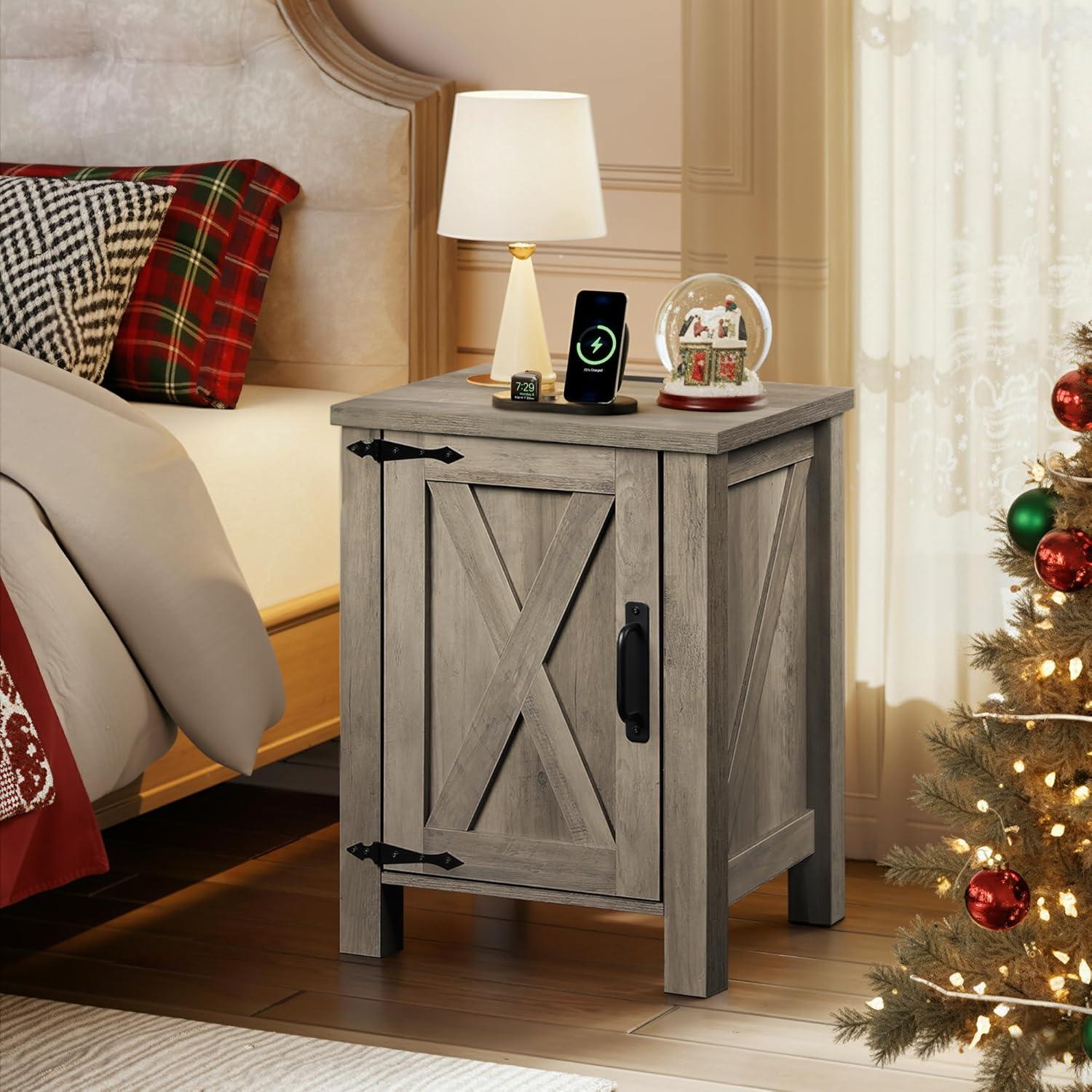 imageWLIVE Nightstand with Charging Station Farmhouse Night Stand with Barn Door and Storage Wooden Cabinet End Side Table with USB Ports and Outlets for Bedroom WhiteGreige