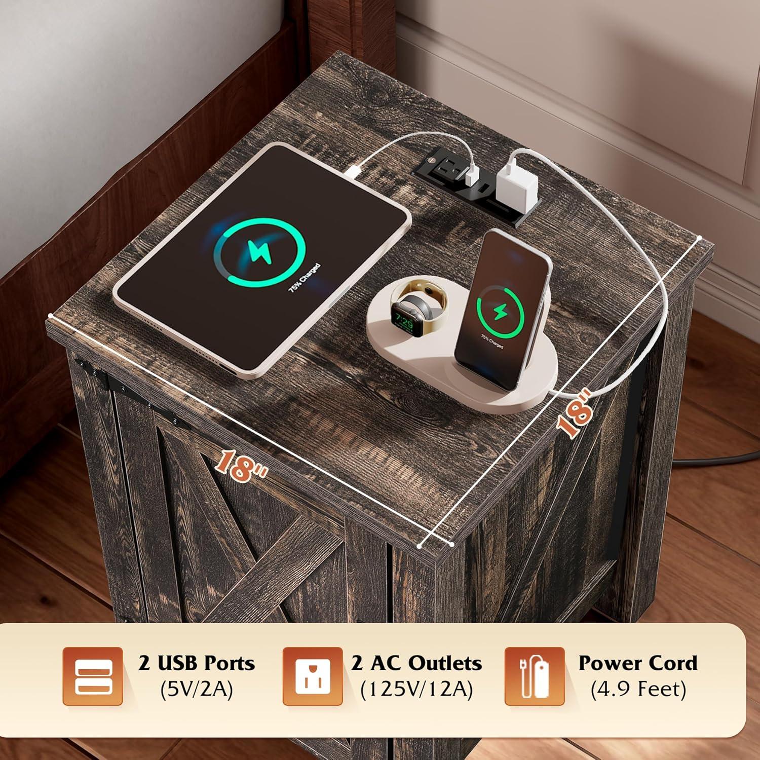 imageWLIVE Nightstand with Charging Station Farmhouse Night Stand with Barn Door and Storage Wooden Cabinet End Side Table with USB Ports and Outlets for Bedroom WhiteDark Rustic Oak