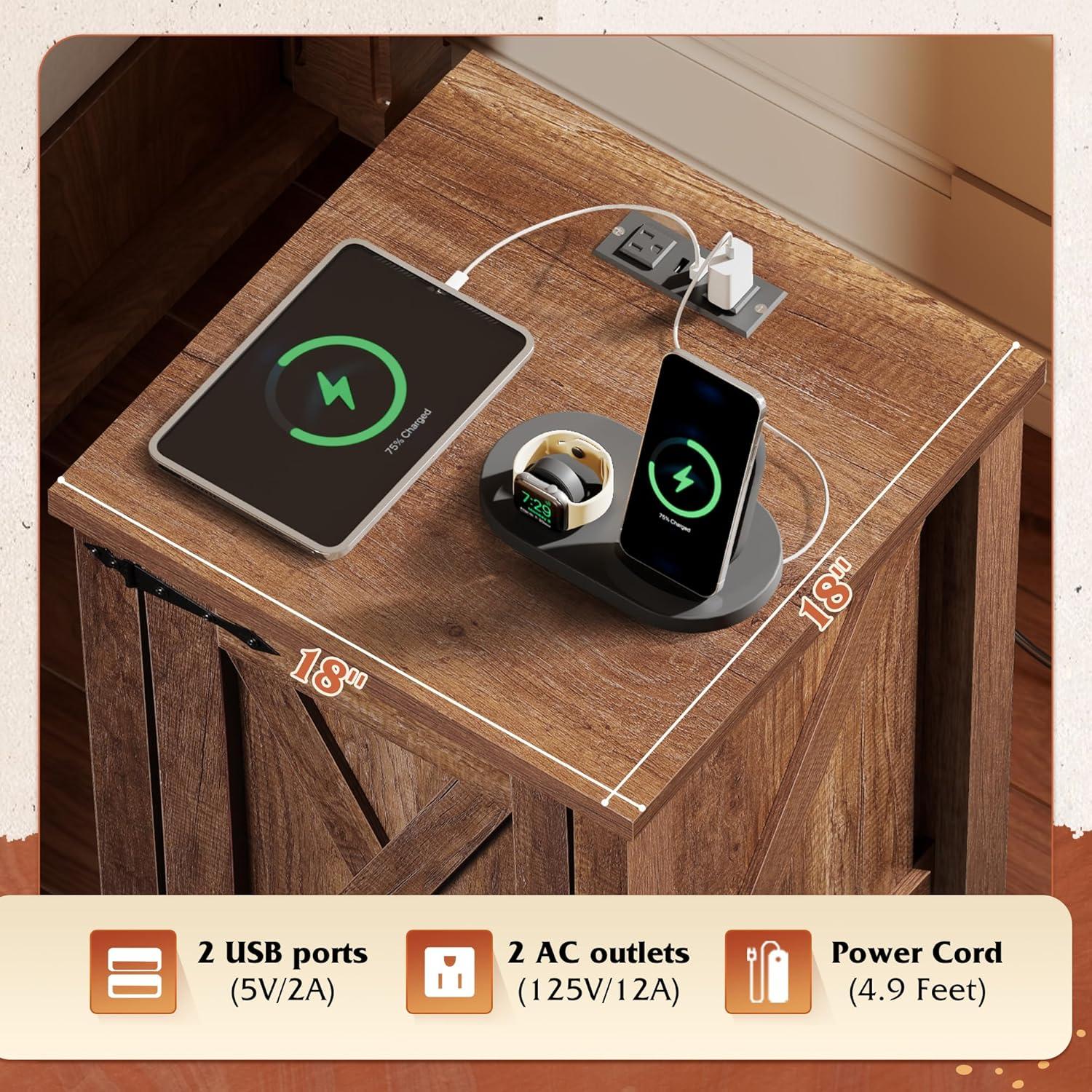 imageWLIVE Nightstand with Charging Station Farmhouse Night Stand with Barn Door and Storage Wooden Cabinet End Side Table with USB Ports and Outlets for Bedroom WhiteRustic Brown