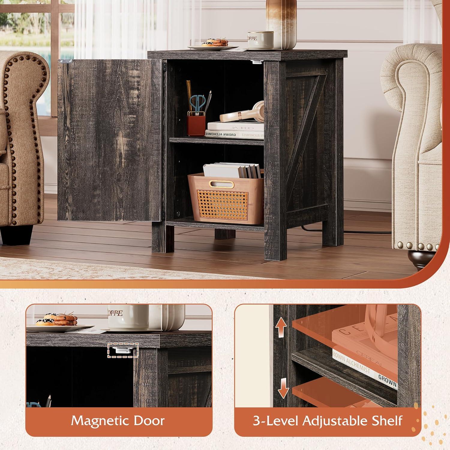 imageWLIVE Nightstand with Charging Station Farmhouse Night Stand with Barn Door and Storage Wooden Cabinet End Side Table with USB Ports and Outlets for Bedroom WhiteDark Rustic Oak