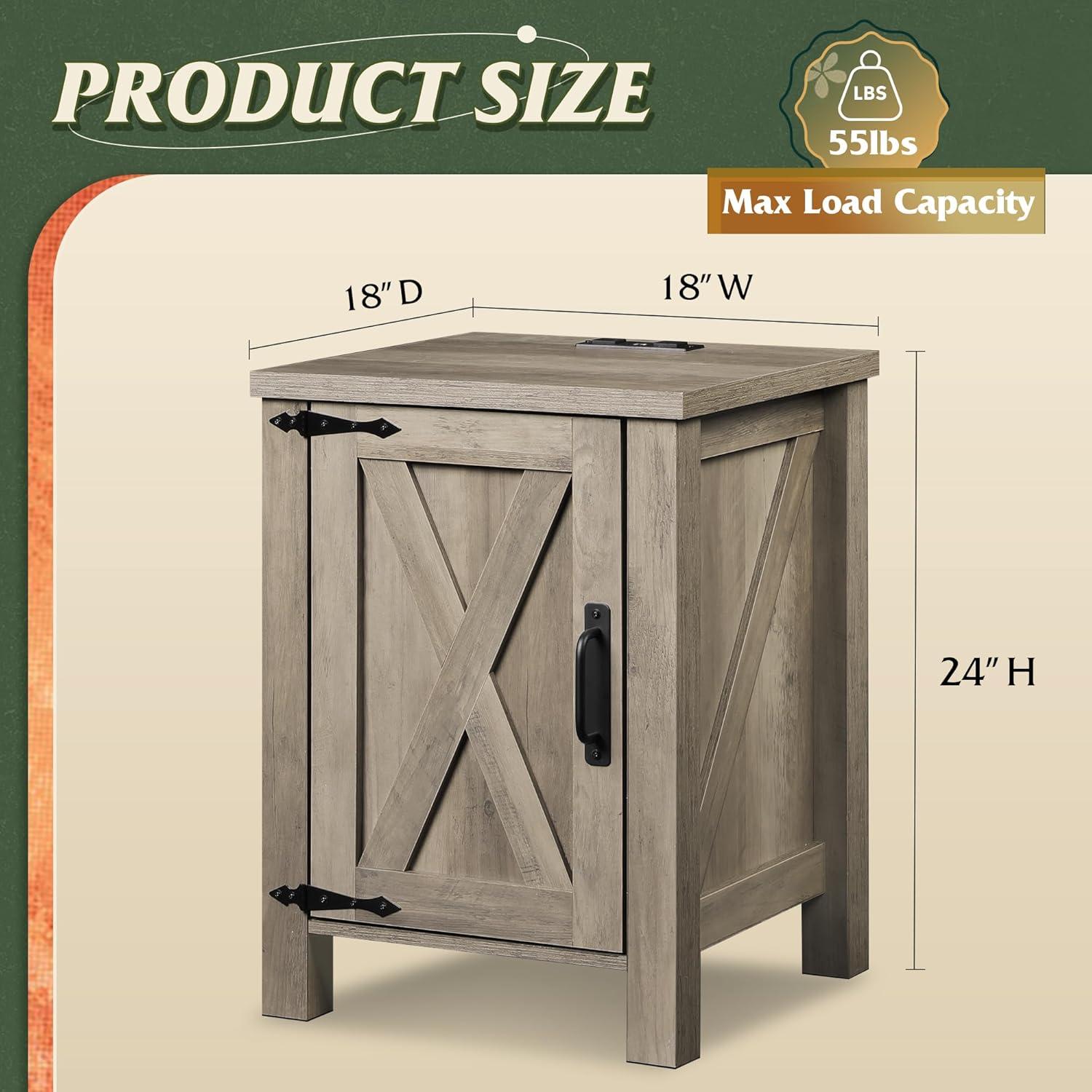 imageWLIVE Nightstand with Charging Station Farmhouse Night Stand with Barn Door and Storage Wooden Cabinet End Side Table with USB Ports and Outlets for Bedroom WhiteGreige