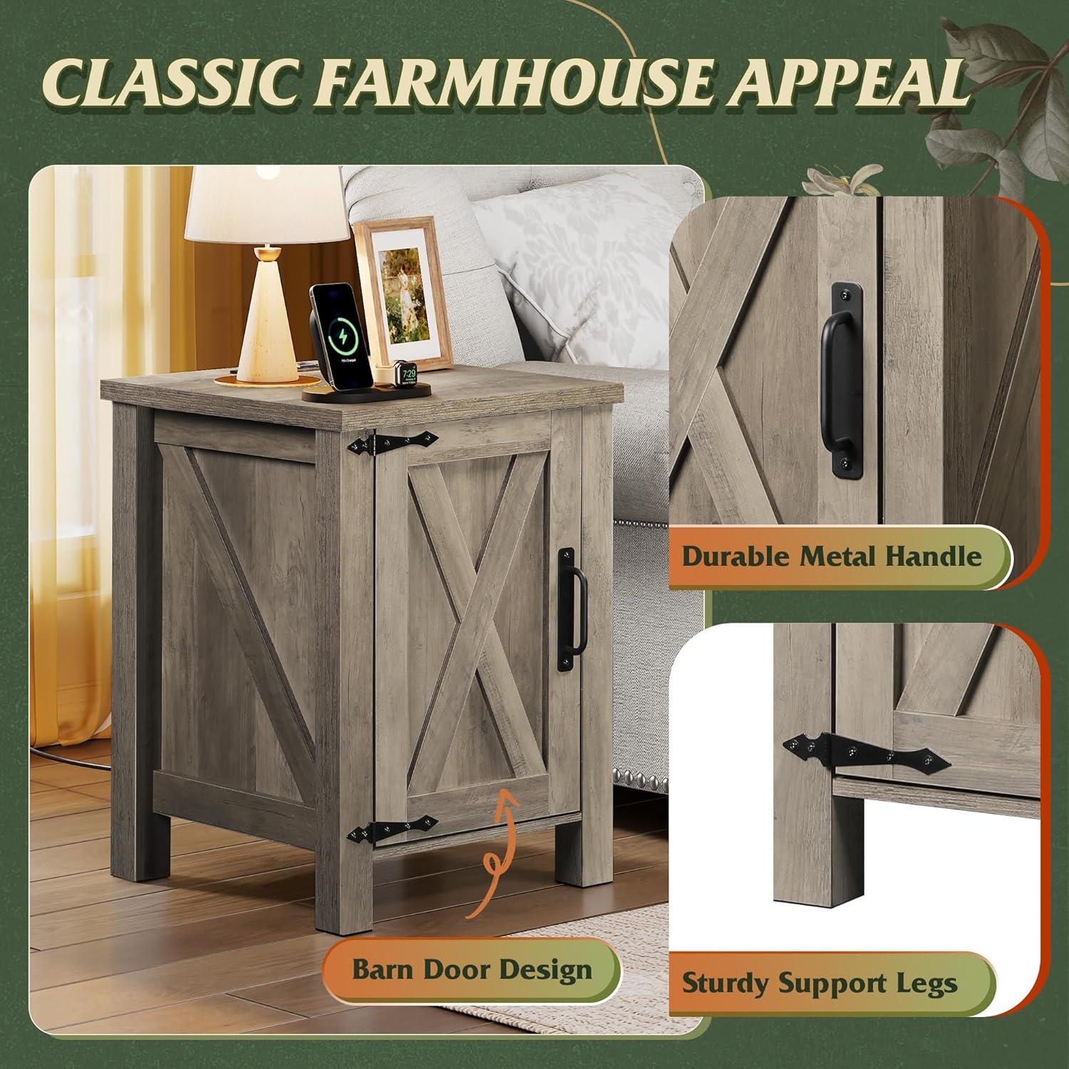 imageWLIVE Nightstand with Charging Station Farmhouse Night Stand with Barn Door and Storage Wooden Cabinet End Side Table with USB Ports and Outlets for Bedroom WhiteGreige