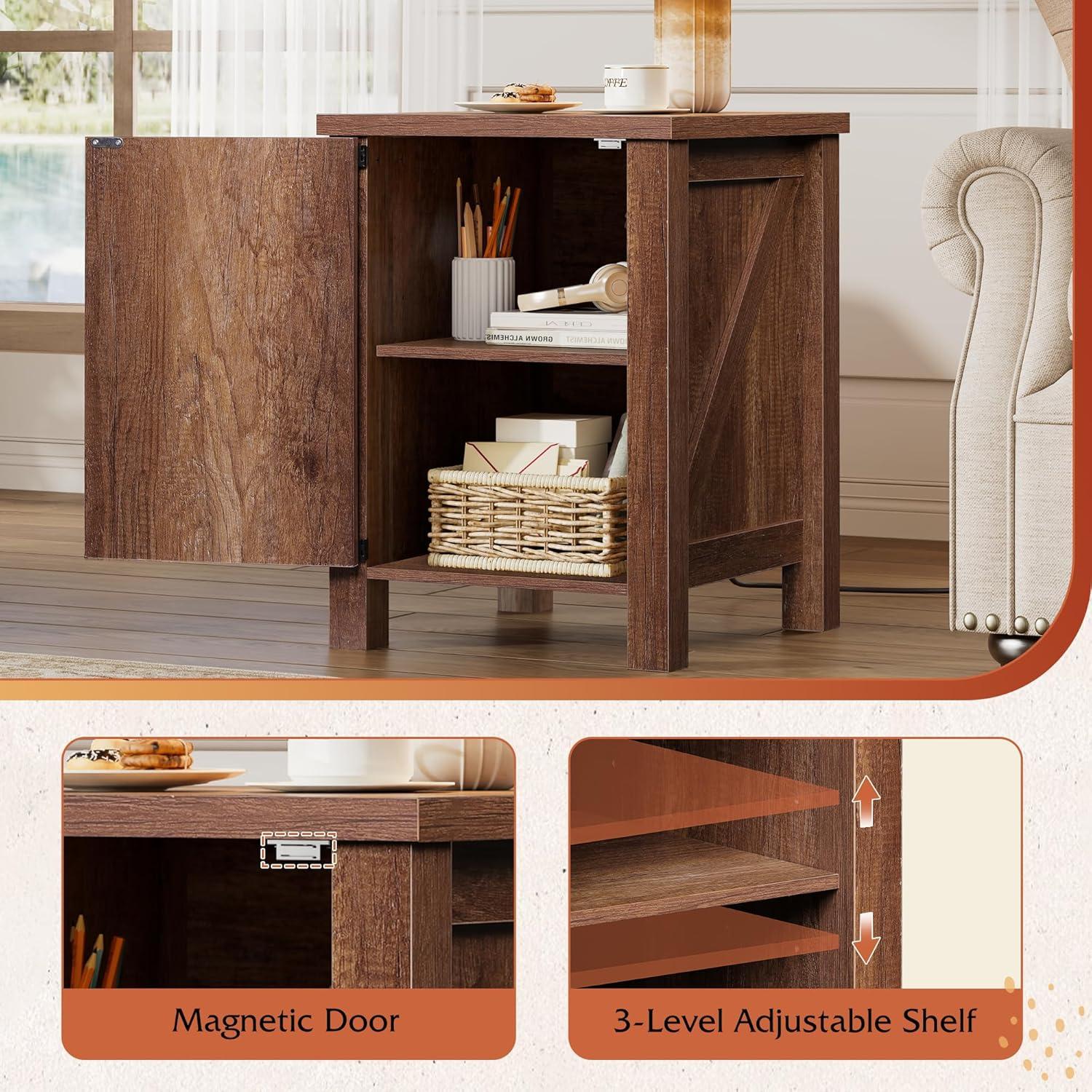 imageWLIVE Nightstand with Charging Station Farmhouse Night Stand with Barn Door and Storage Wooden Cabinet End Side Table with USB Ports and Outlets for Bedroom WhiteRustic Brown