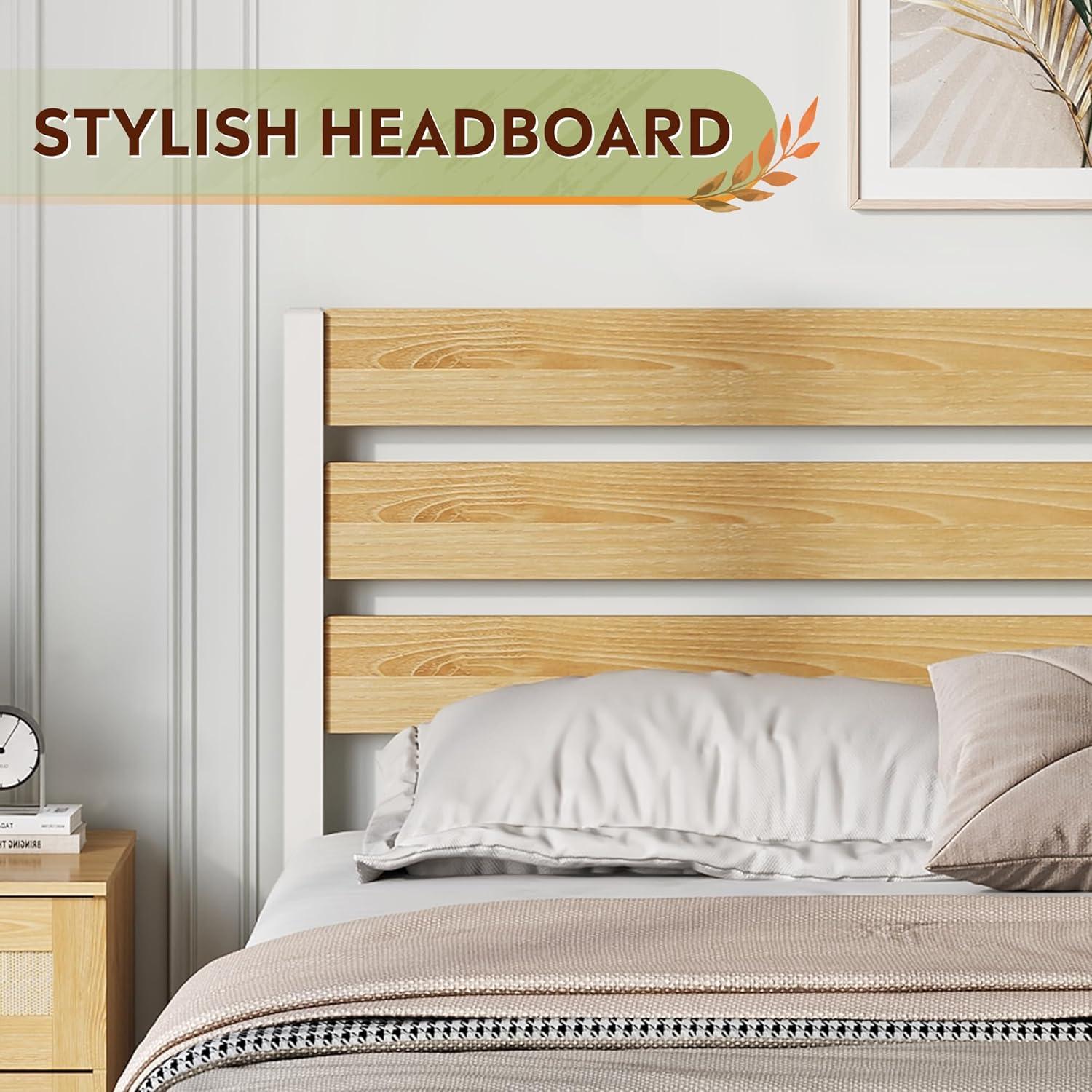 imageWLIVE Queen Bed Frame with Wooden Headboard and Footboard Metal Platform Bed Frame with Under Bed Storage Nos Box Spring Needed Easy Assembly Rustic BrownNatural Oak