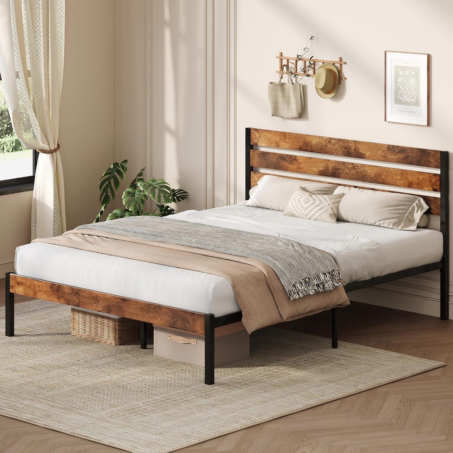 imageWLIVE Queen Bed Frame with Wooden Headboard and Footboard Metal Platform Bed Frame with Under Bed Storage Nos Box Spring Needed Easy Assembly Rustic BrownRustic Brown