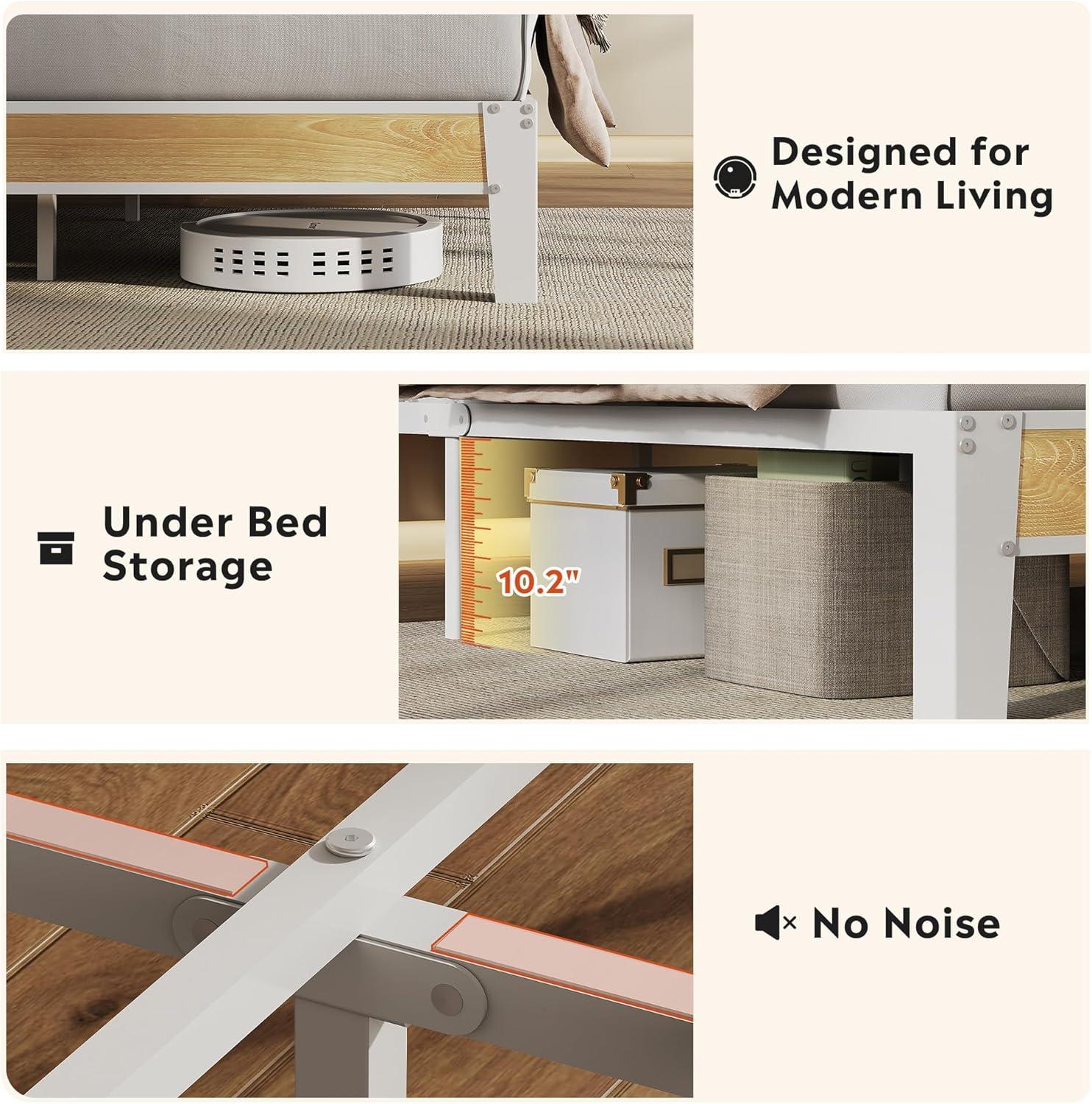 imageWLIVE Queen Size Upholstered Bed Frame with 2 Side Shelves Linen Tufted Storage Headboard with Charging Ports and LED Light Metal Solid and Stable No Box Spring Needed Easy Assembly BeigeWhite