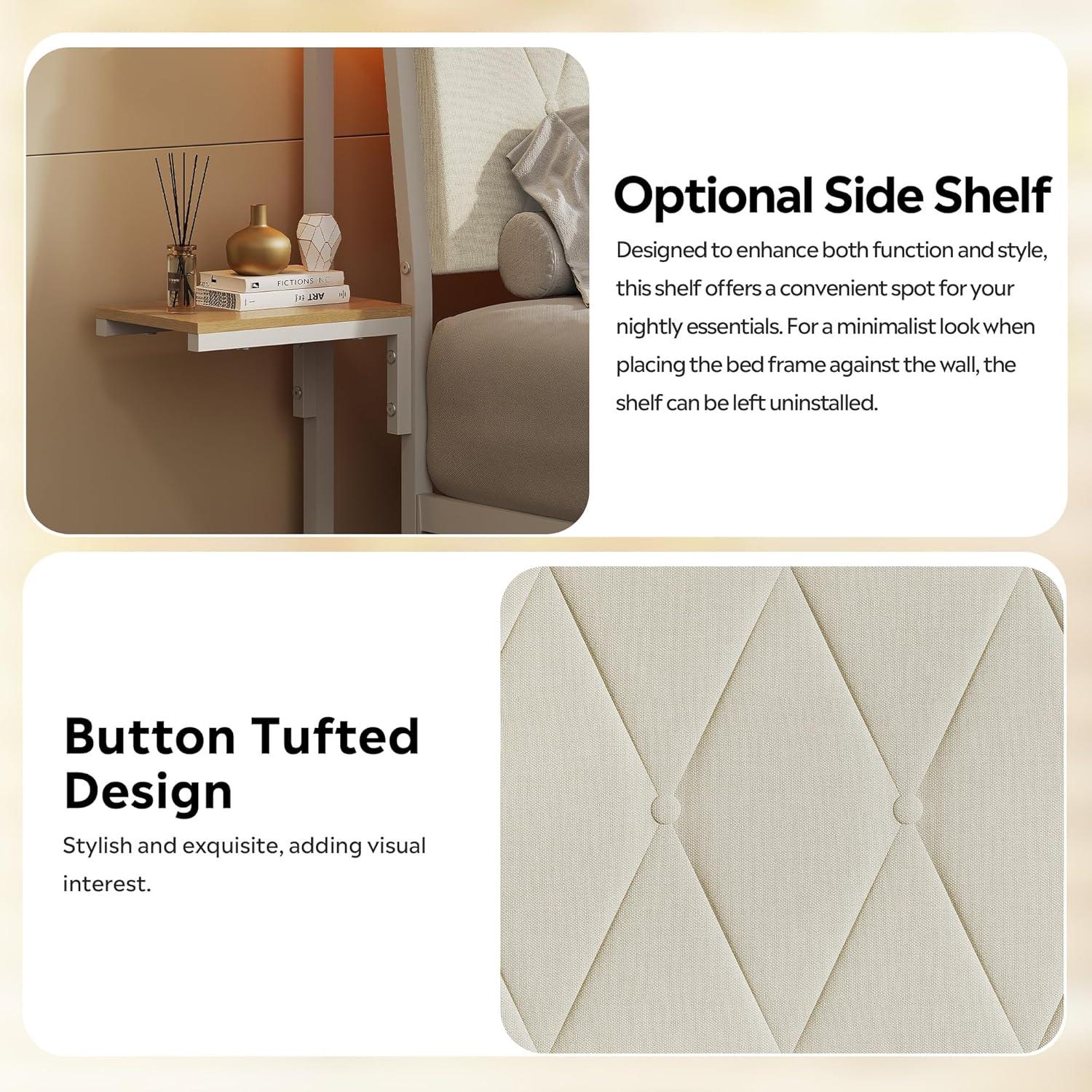 imageWLIVE Queen Size Upholstered Bed Frame with 2 Side Shelves Linen Tufted Storage Headboard with Charging Ports and LED Light Metal Solid and Stable No Box Spring Needed Easy Assembly BeigeWhite
