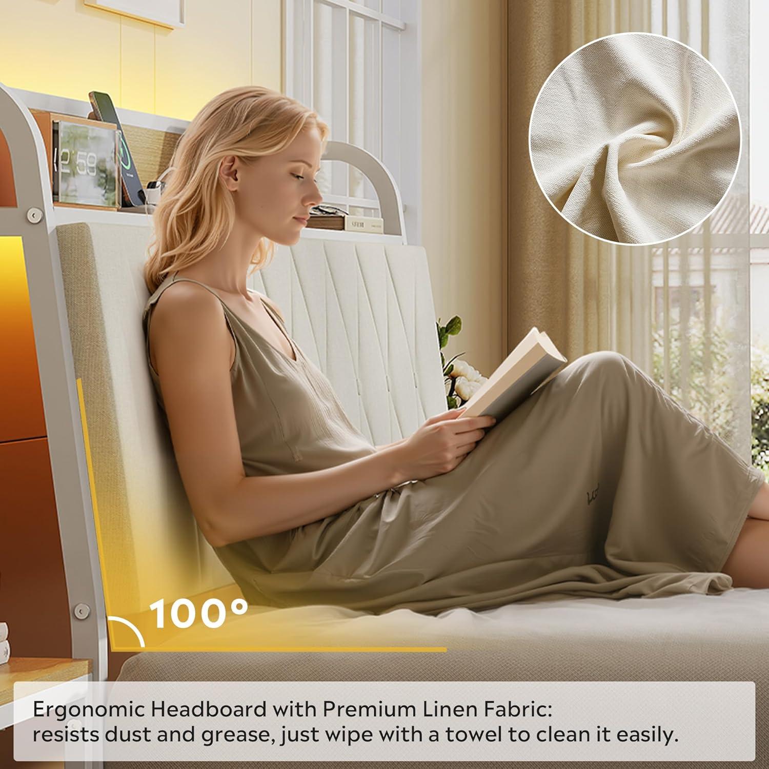 imageWLIVE Queen Size Upholstered Bed Frame with 2 Side Shelves Linen Tufted Storage Headboard with Charging Ports and LED Light Metal Solid and Stable No Box Spring Needed Easy Assembly BeigeWhite