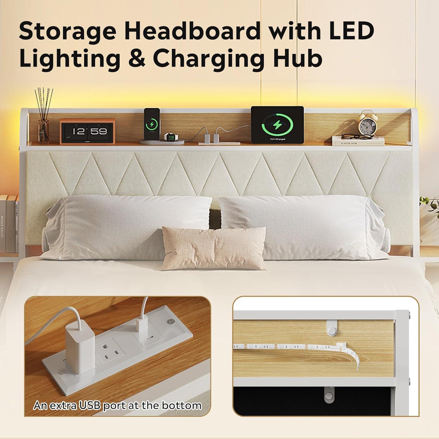 imageWLIVE Queen Size Upholstered Bed Frame with 2 Side Shelves Linen Tufted Storage Headboard with Charging Ports and LED Light Metal Solid and Stable No Box Spring Needed Easy Assembly BeigeWhite