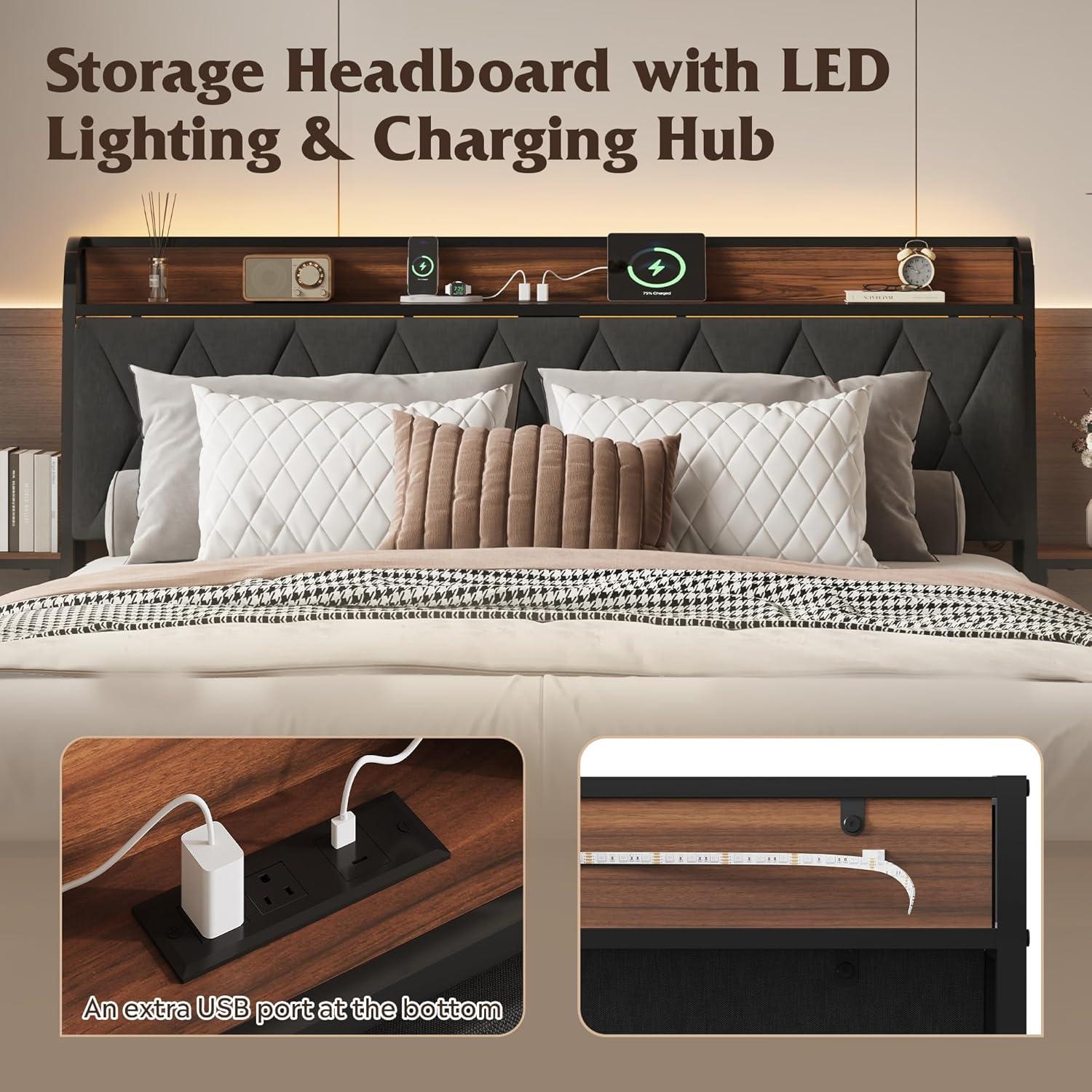 imageWLIVE Queen Size Upholstered Bed Frame with 2 Side Shelves Linen Tufted Storage Headboard with Charging Ports and LED Light Metal Solid and Stable No Box Spring Needed Easy Assembly BeigeBlack