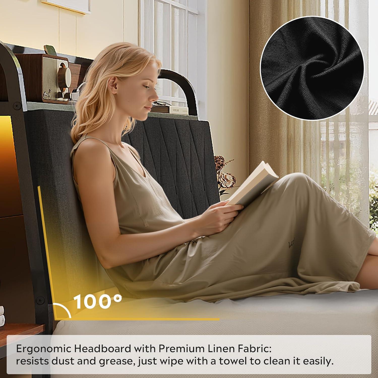 imageWLIVE Queen Size Upholstered Bed Frame with 2 Side Shelves Linen Tufted Storage Headboard with Charging Ports and LED Light Metal Solid and Stable No Box Spring Needed Easy Assembly BeigeBlack