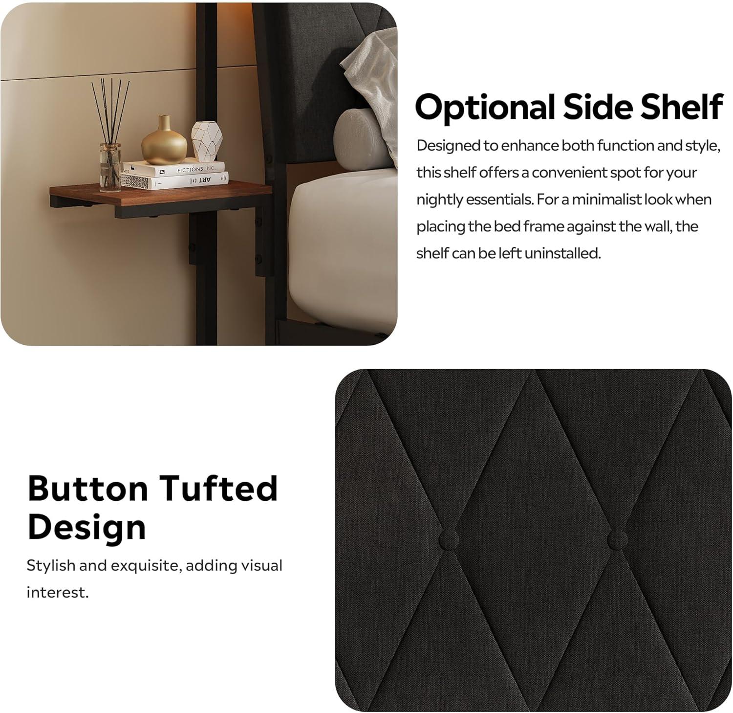 imageWLIVE Queen Size Upholstered Bed Frame with 2 Side Shelves Linen Tufted Storage Headboard with Charging Ports and LED Light Metal Solid and Stable No Box Spring Needed Easy Assembly BeigeBlack