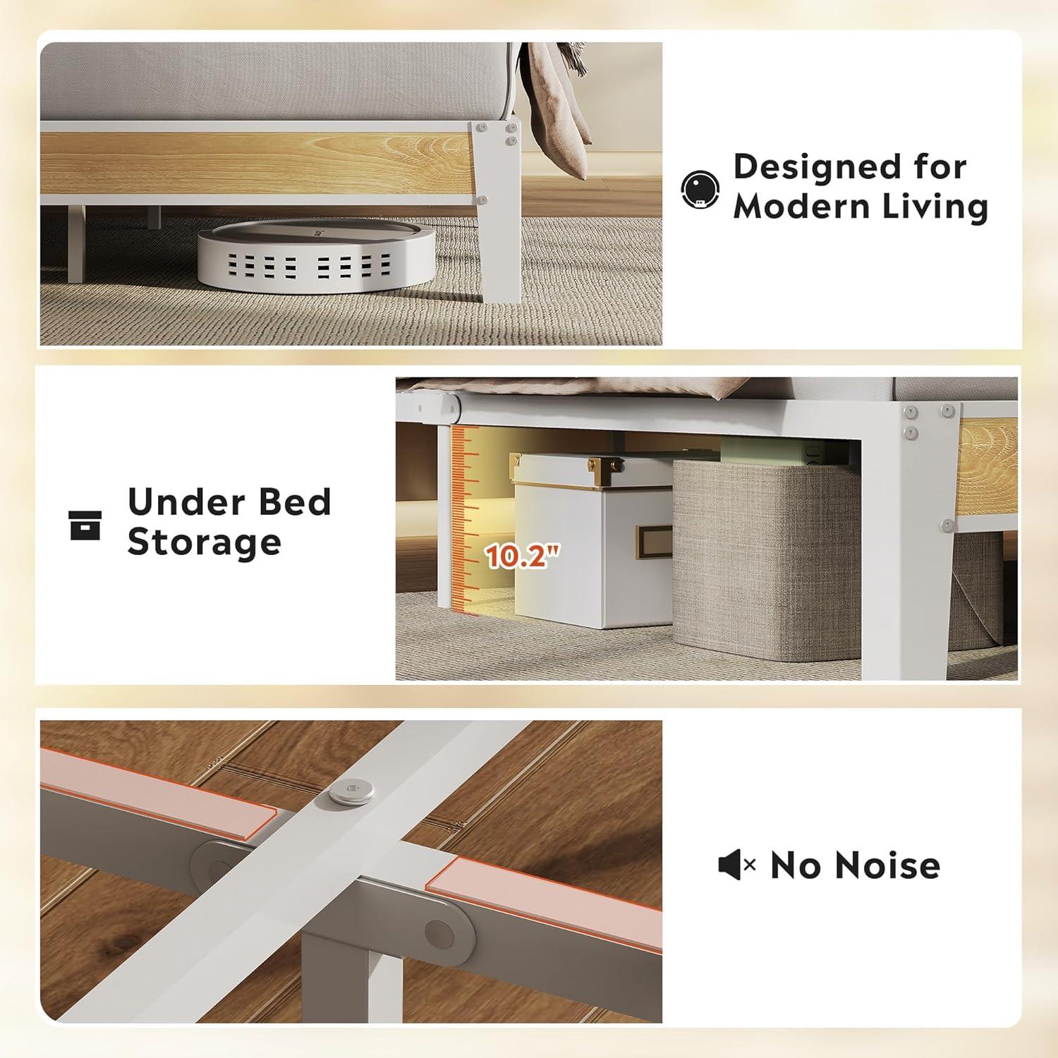 imageWLIVE Queen Size Upholstered Bed Frame with 2 Side Shelves Linen Tufted Storage Headboard with Charging Ports and LED Light Metal Solid and Stable No Box Spring Needed Easy Assembly BeigeWhite