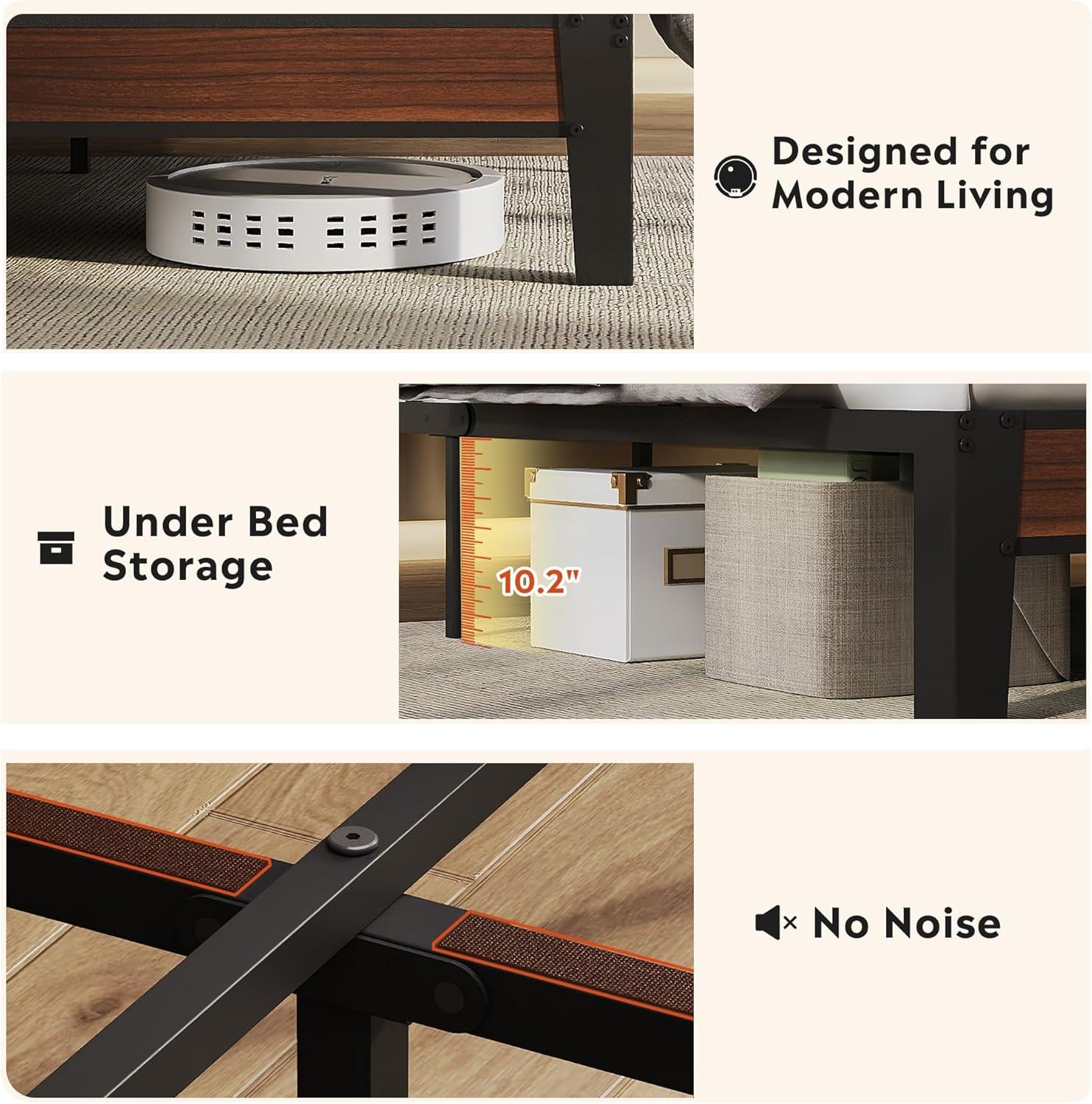 imageWLIVE Queen Size Upholstered Bed Frame with 2 Side Shelves Linen Tufted Storage Headboard with Charging Ports and LED Light Metal Solid and Stable No Box Spring Needed Easy Assembly BeigeBlack