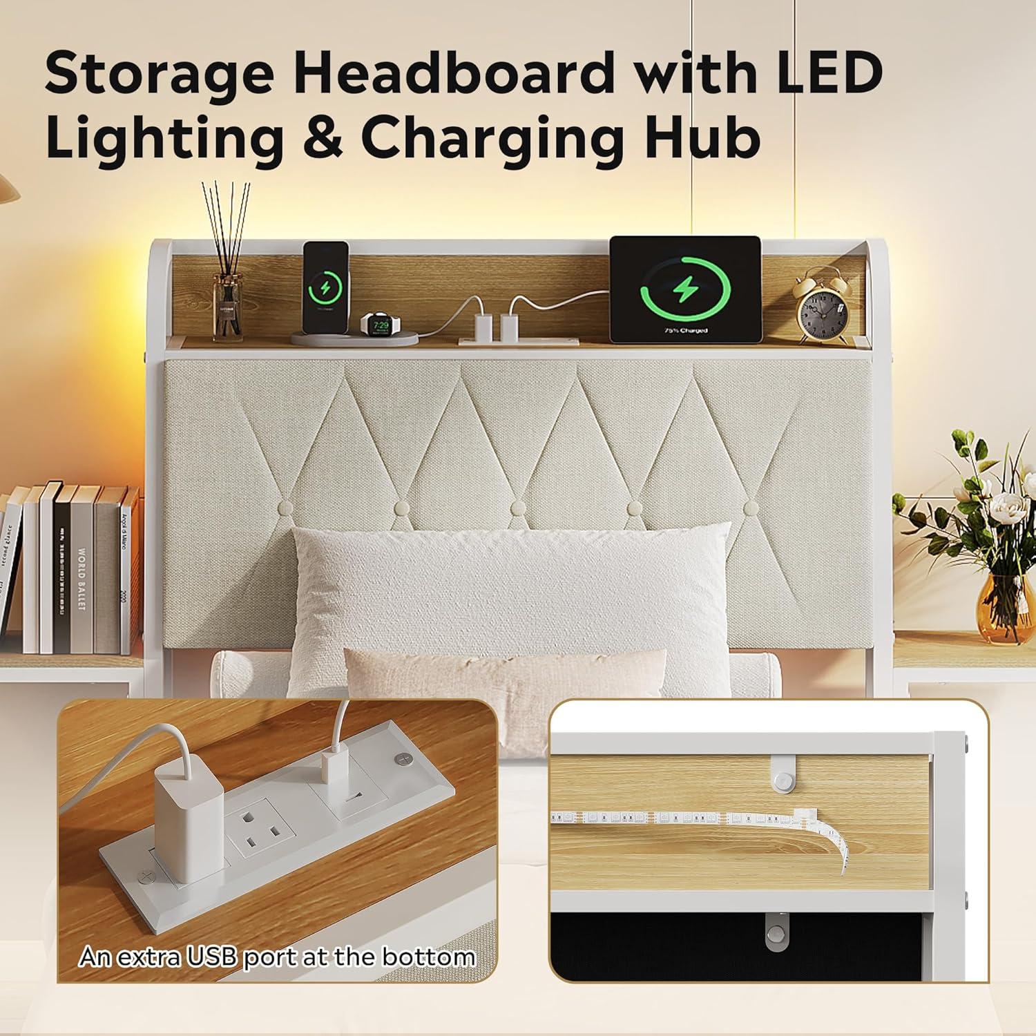 imageWLIVE Queen Size Upholstered Bed Frame with 2 Side Shelves Linen Tufted Storage Headboard with Charging Ports and LED Light Metal Solid and Stable No Box Spring Needed Easy Assembly BeigeWhite