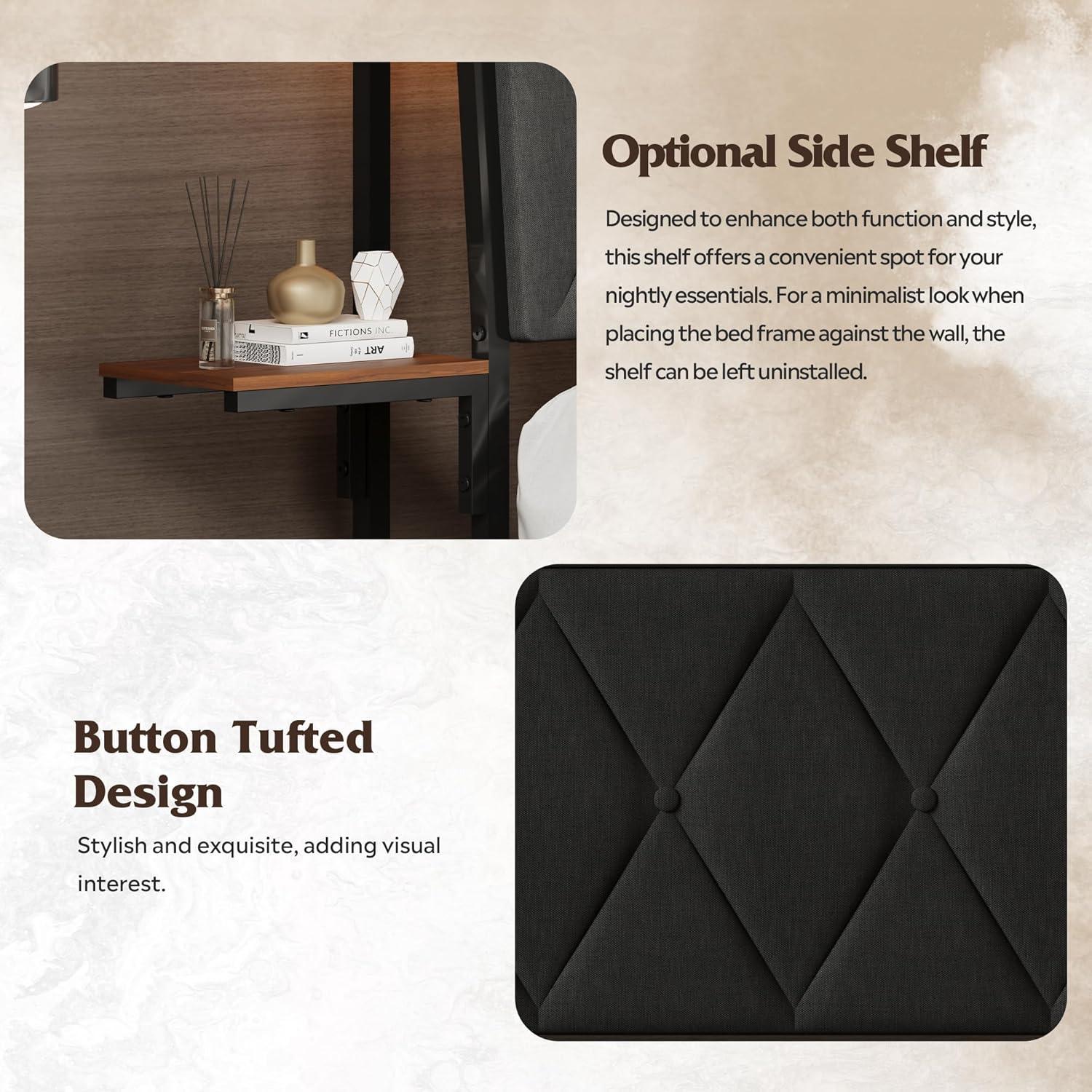 imageWLIVE Queen Size Upholstered Bed Frame with 2 Side Shelves Linen Tufted Storage Headboard with Charging Ports and LED Light Metal Solid and Stable No Box Spring Needed Easy Assembly BeigeBlack