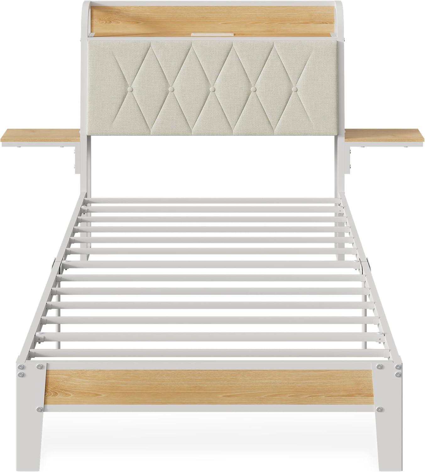 imageWLIVE Queen Size Upholstered Bed Frame with 2 Side Shelves Linen Tufted Storage Headboard with Charging Ports and LED Light Metal Solid and Stable No Box Spring Needed Easy Assembly BeigeWhite