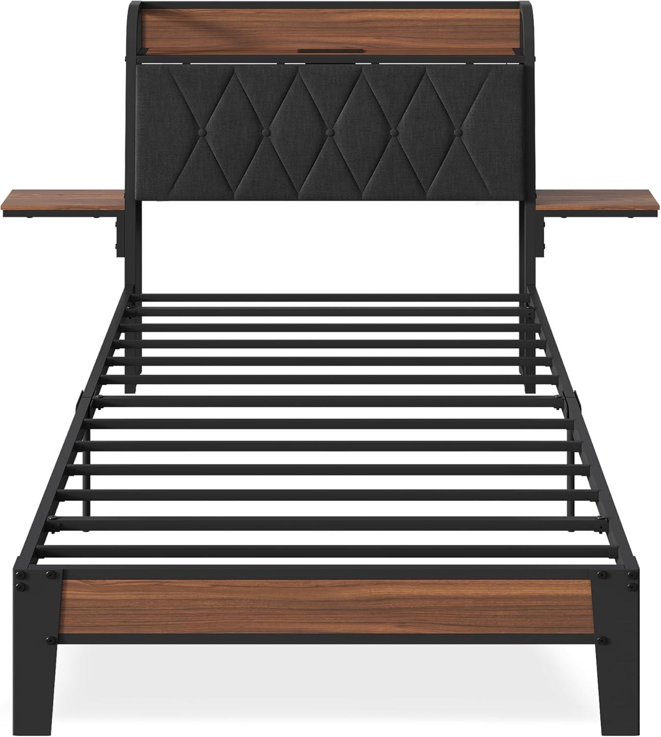 imageWLIVE Queen Size Upholstered Bed Frame with 2 Side Shelves Linen Tufted Storage Headboard with Charging Ports and LED Light Metal Solid and Stable No Box Spring Needed Easy Assembly BeigeBlack