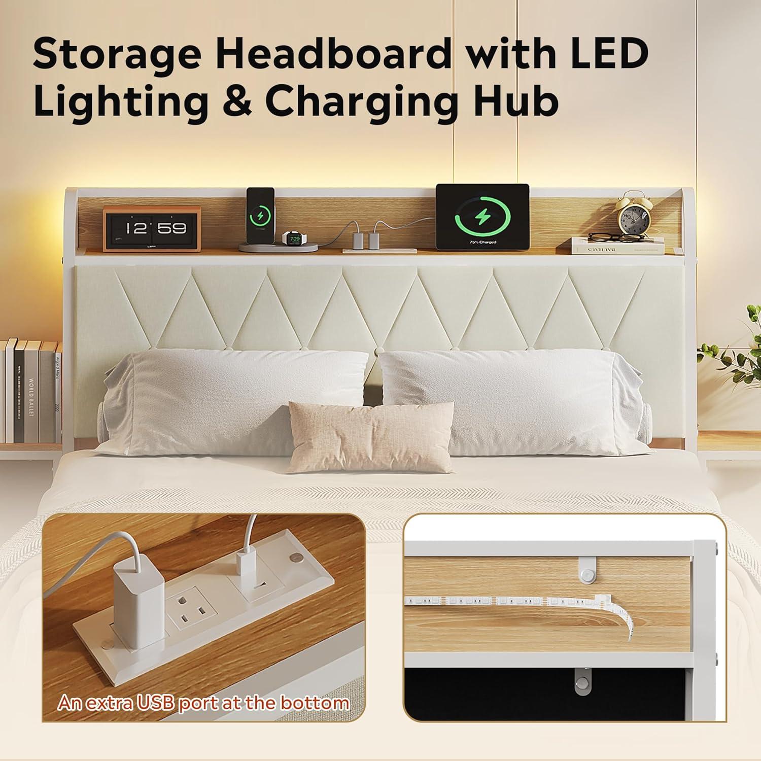 imageWLIVE Queen Size Upholstered Bed Frame with 2 Side Shelves Linen Tufted Storage Headboard with Charging Ports and LED Light Metal Solid and Stable No Box Spring Needed Easy Assembly BeigeWhite