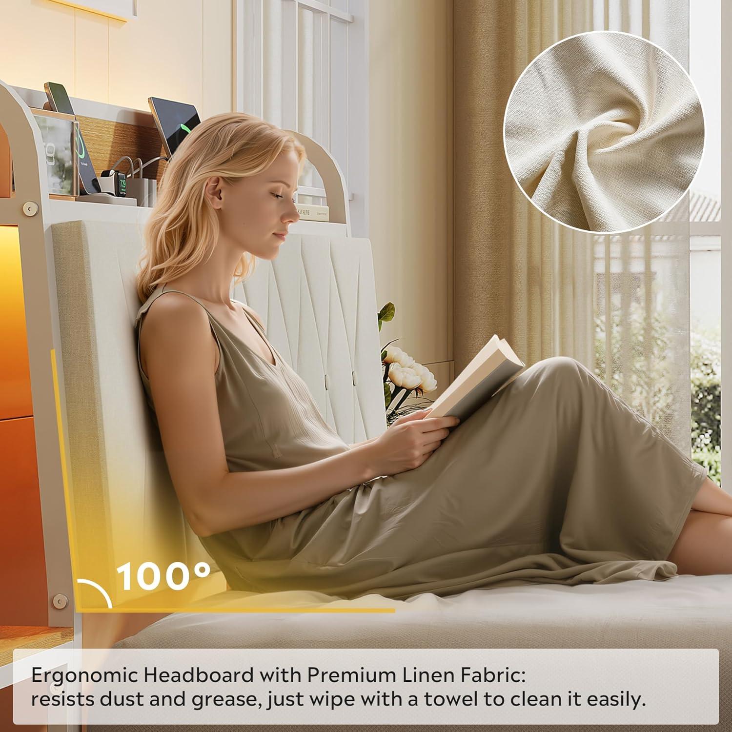 imageWLIVE Queen Size Upholstered Bed Frame with 2 Side Shelves Linen Tufted Storage Headboard with Charging Ports and LED Light Metal Solid and Stable No Box Spring Needed Easy Assembly BeigeWhite