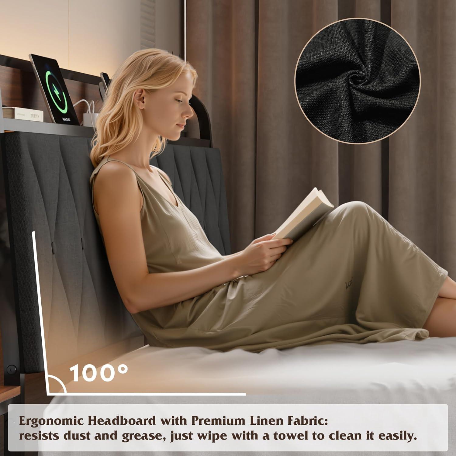 imageWLIVE Queen Size Upholstered Bed Frame with 2 Side Shelves Linen Tufted Storage Headboard with Charging Ports and LED Light Metal Solid and Stable No Box Spring Needed Easy Assembly BeigeBlack