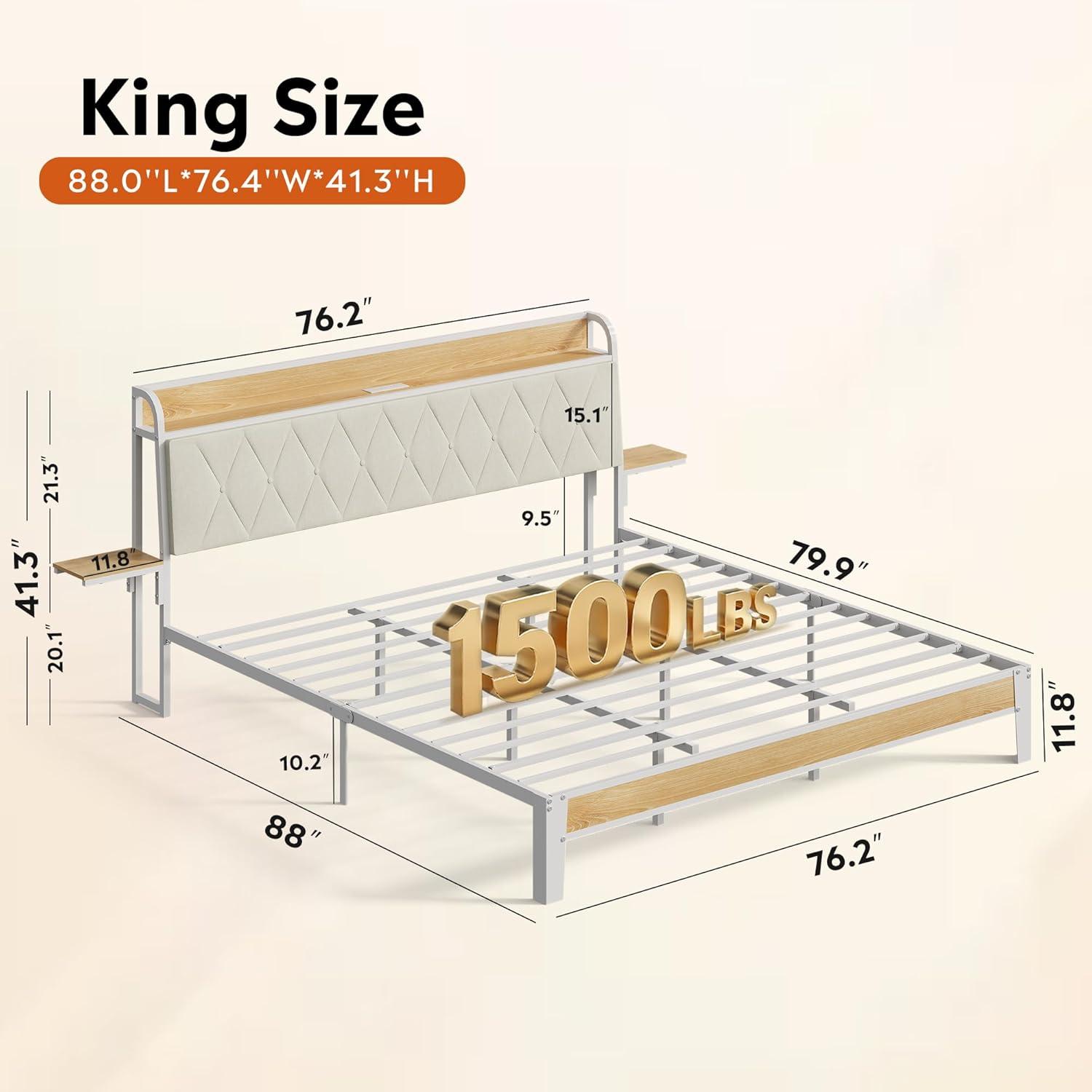 imageWLIVE Queen Size Upholstered Bed Frame with 2 Side Shelves Linen Tufted Storage Headboard with Charging Ports and LED Light Metal Solid and Stable No Box Spring Needed Easy Assembly BeigeWhite