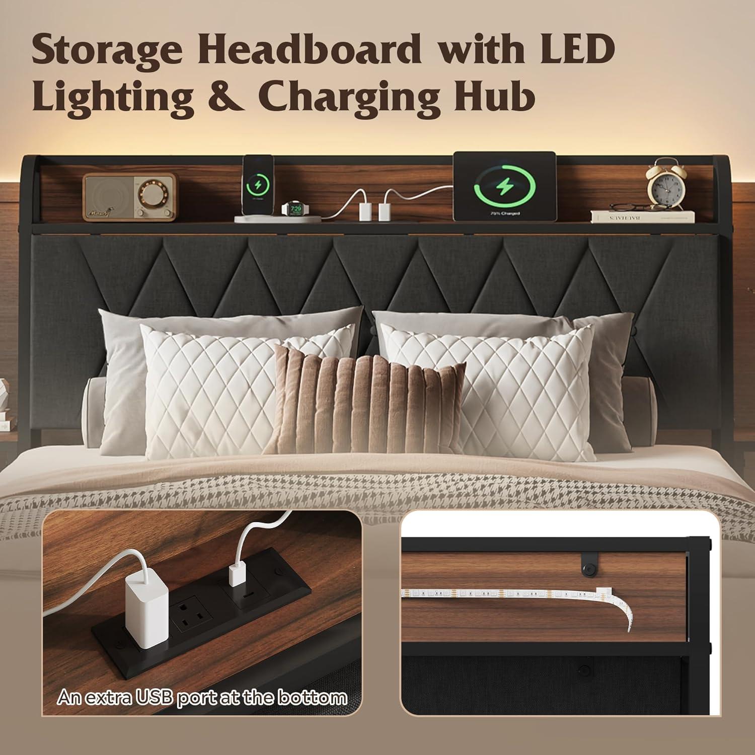 imageWLIVE Queen Size Upholstered Bed Frame with 2 Side Shelves Linen Tufted Storage Headboard with Charging Ports and LED Light Metal Solid and Stable No Box Spring Needed Easy Assembly BeigeBlack