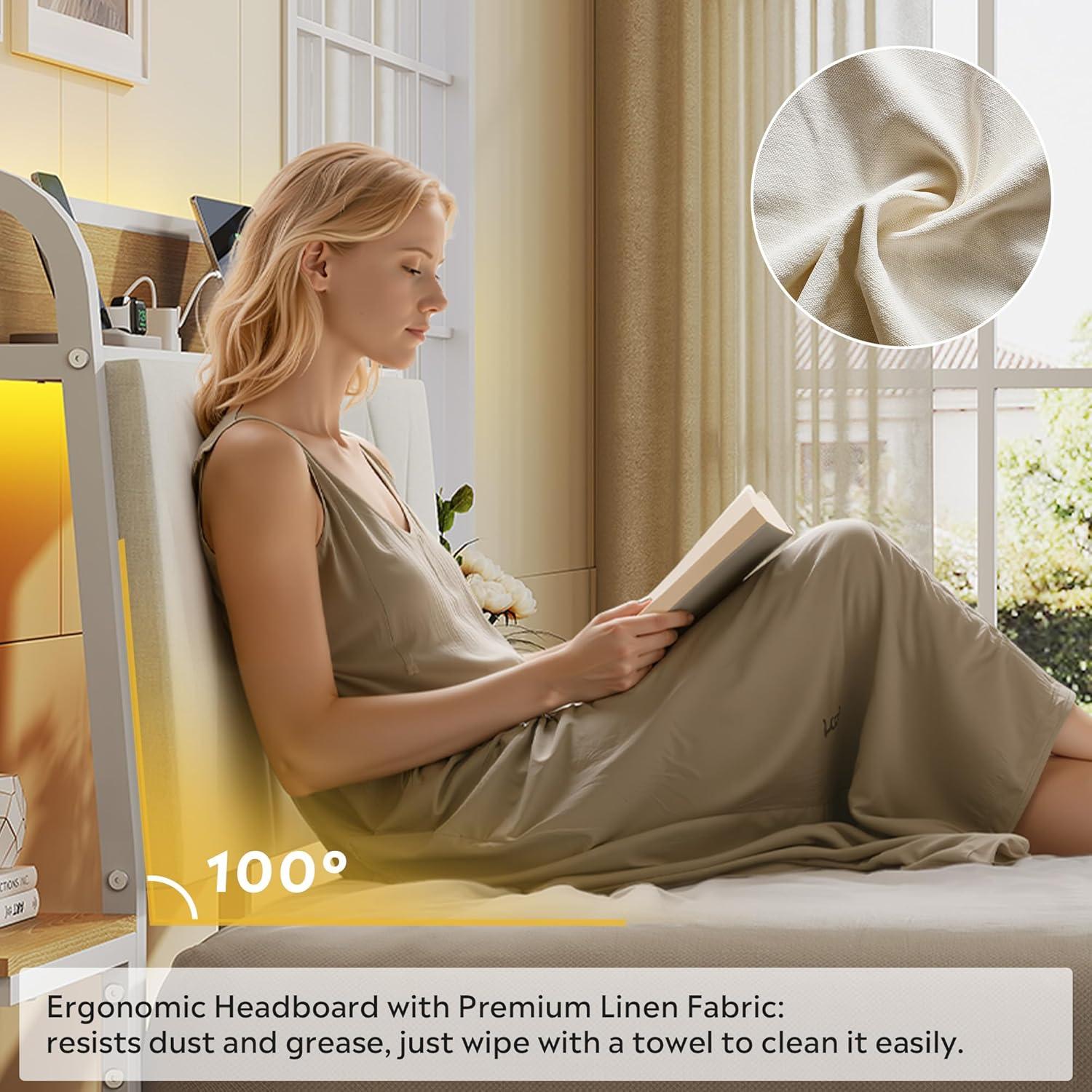 imageWLIVE Queen Size Upholstered Bed Frame with 2 Side Shelves Linen Tufted Storage Headboard with Charging Ports and LED Light Metal Solid and Stable No Box Spring Needed Easy Assembly BeigeWhite