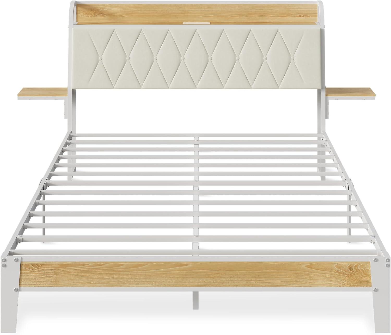 imageWLIVE Queen Size Upholstered Bed Frame with 2 Side Shelves Linen Tufted Storage Headboard with Charging Ports and LED Light Metal Solid and Stable No Box Spring Needed Easy Assembly BeigeWhite
