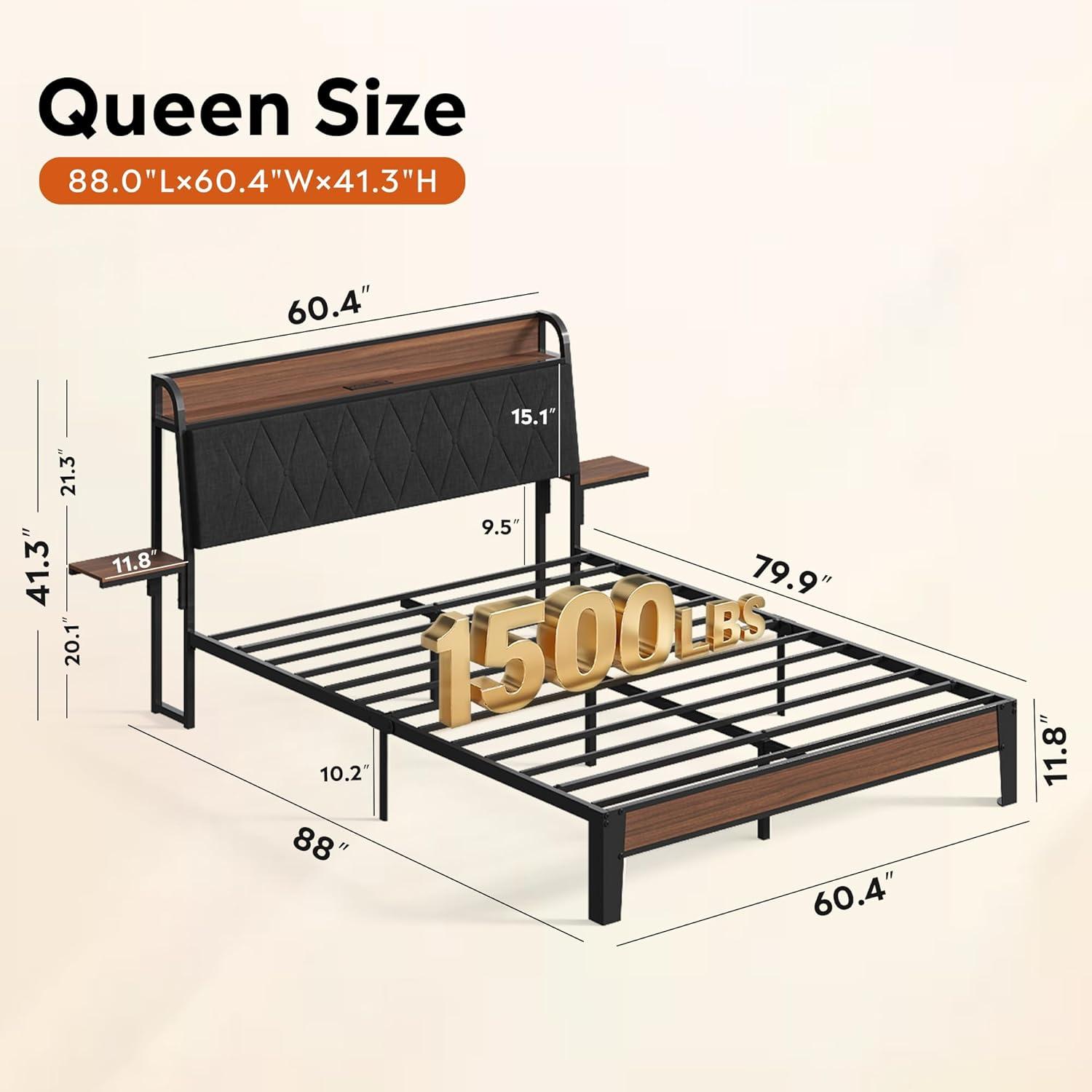 imageWLIVE Queen Size Upholstered Bed Frame with 2 Side Shelves Linen Tufted Storage Headboard with Charging Ports and LED Light Metal Solid and Stable No Box Spring Needed Easy Assembly BeigeBlack