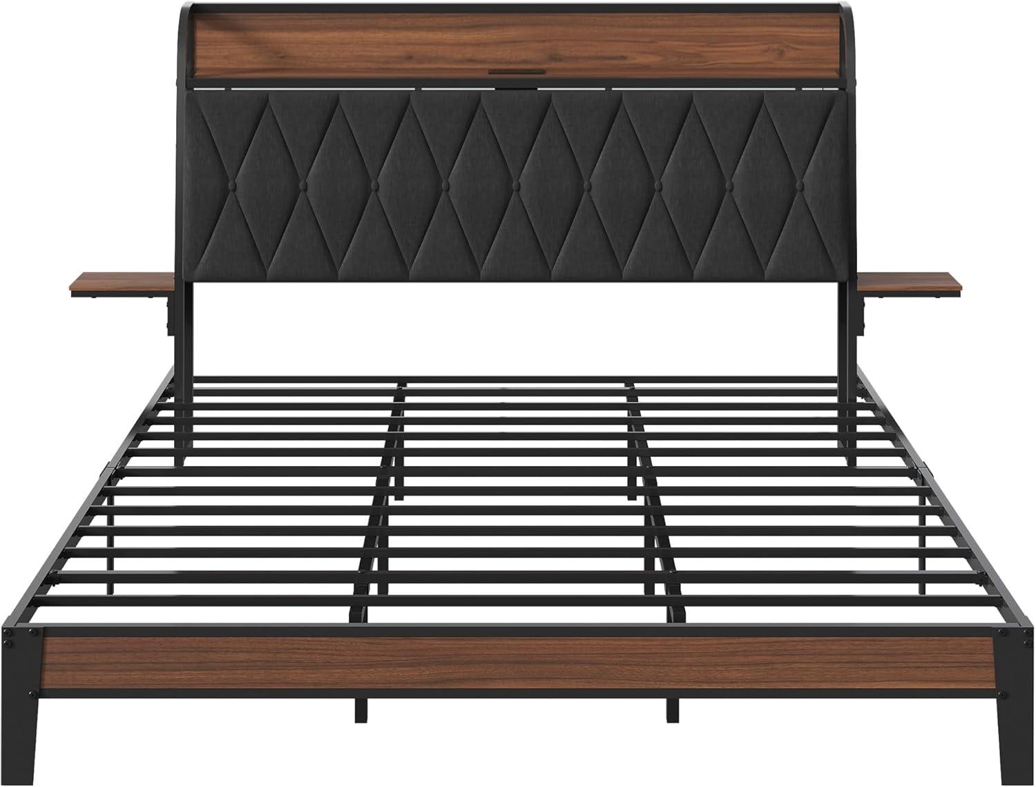 imageWLIVE Queen Size Upholstered Bed Frame with 2 Side Shelves Linen Tufted Storage Headboard with Charging Ports and LED Light Metal Solid and Stable No Box Spring Needed Easy Assembly BeigeBlack