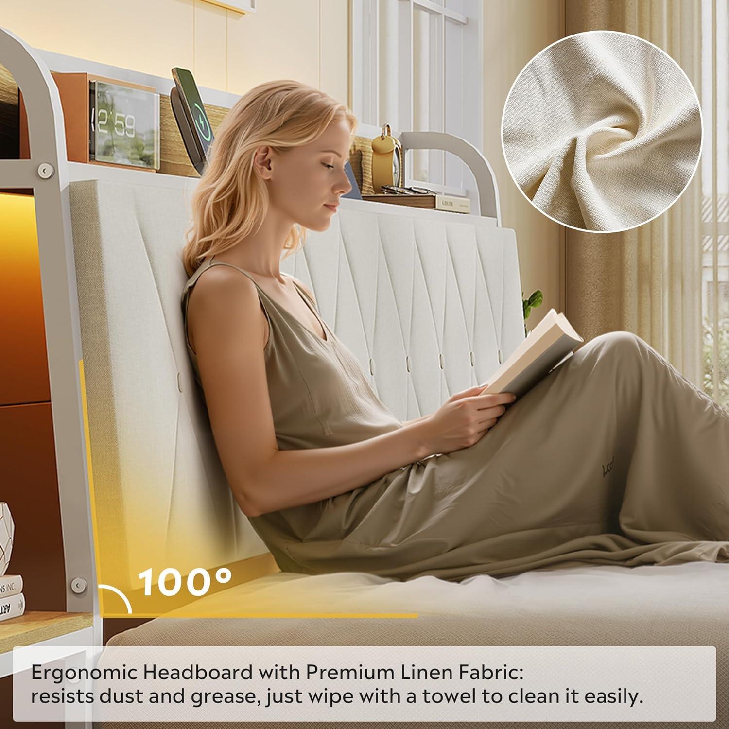 imageWLIVE Queen Size Upholstered Bed Frame with 2 Side Shelves Linen Tufted Storage Headboard with Charging Ports and LED Light Metal Solid and Stable No Box Spring Needed Easy Assembly BeigeWhite