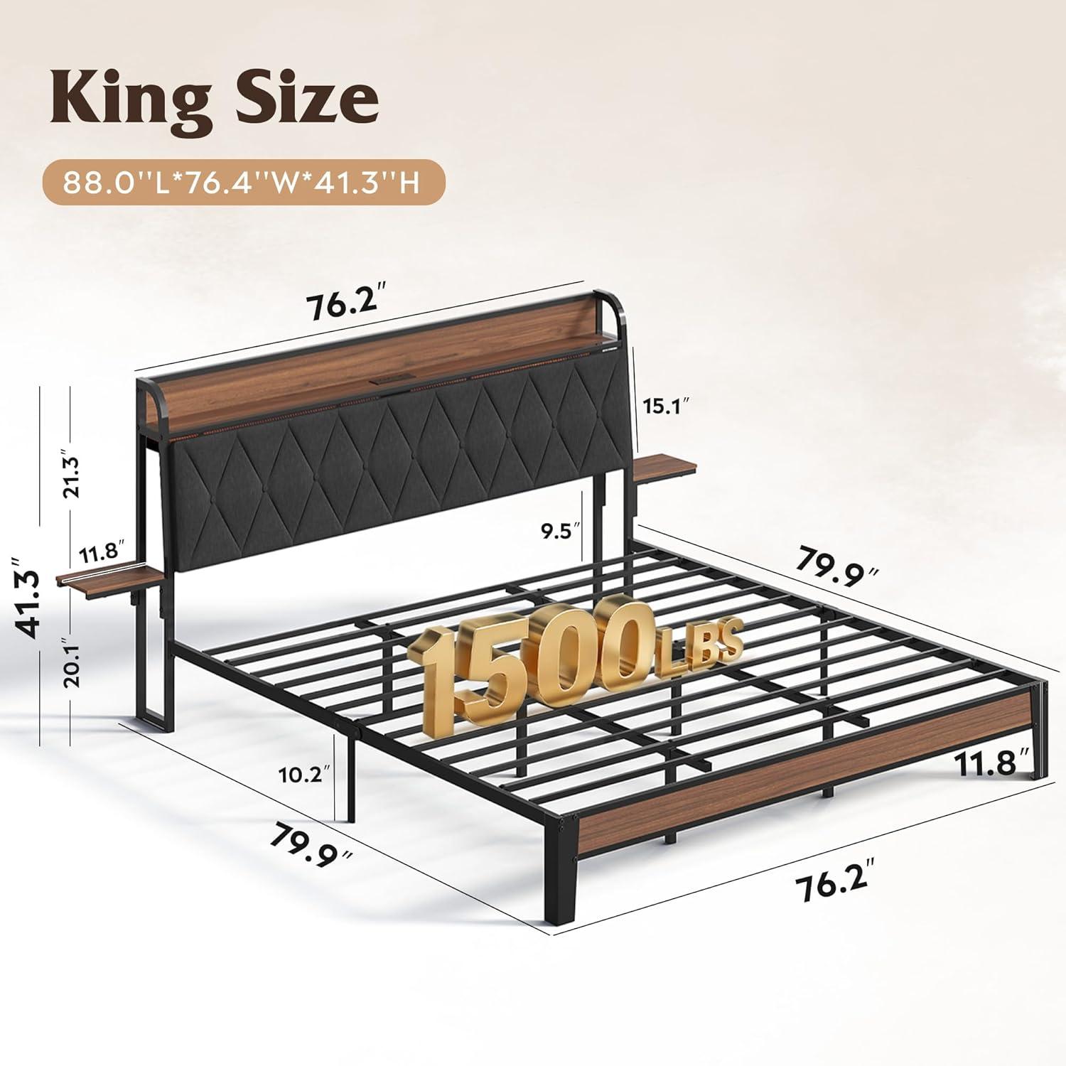 imageWLIVE Queen Size Upholstered Bed Frame with 2 Side Shelves Linen Tufted Storage Headboard with Charging Ports and LED Light Metal Solid and Stable No Box Spring Needed Easy Assembly BeigeBlack