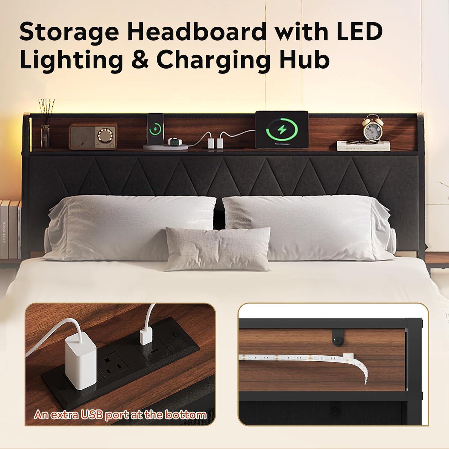 imageWLIVE Queen Size Upholstered Bed Frame with 2 Side Shelves Linen Tufted Storage Headboard with Charging Ports and LED Light Metal Solid and Stable No Box Spring Needed Easy Assembly BeigeBlack