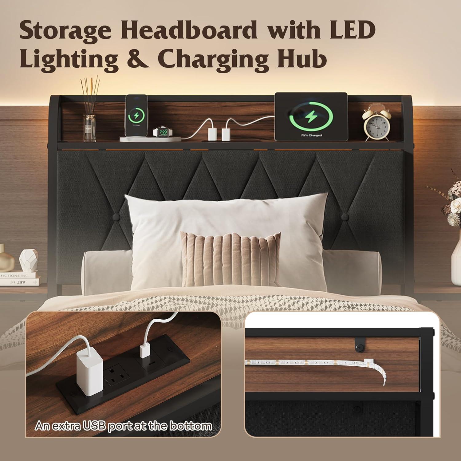 imageWLIVE Queen Size Upholstered Bed Frame with 2 Side Shelves Linen Tufted Storage Headboard with Charging Ports and LED Light Metal Solid and Stable No Box Spring Needed Easy Assembly BeigeBlack