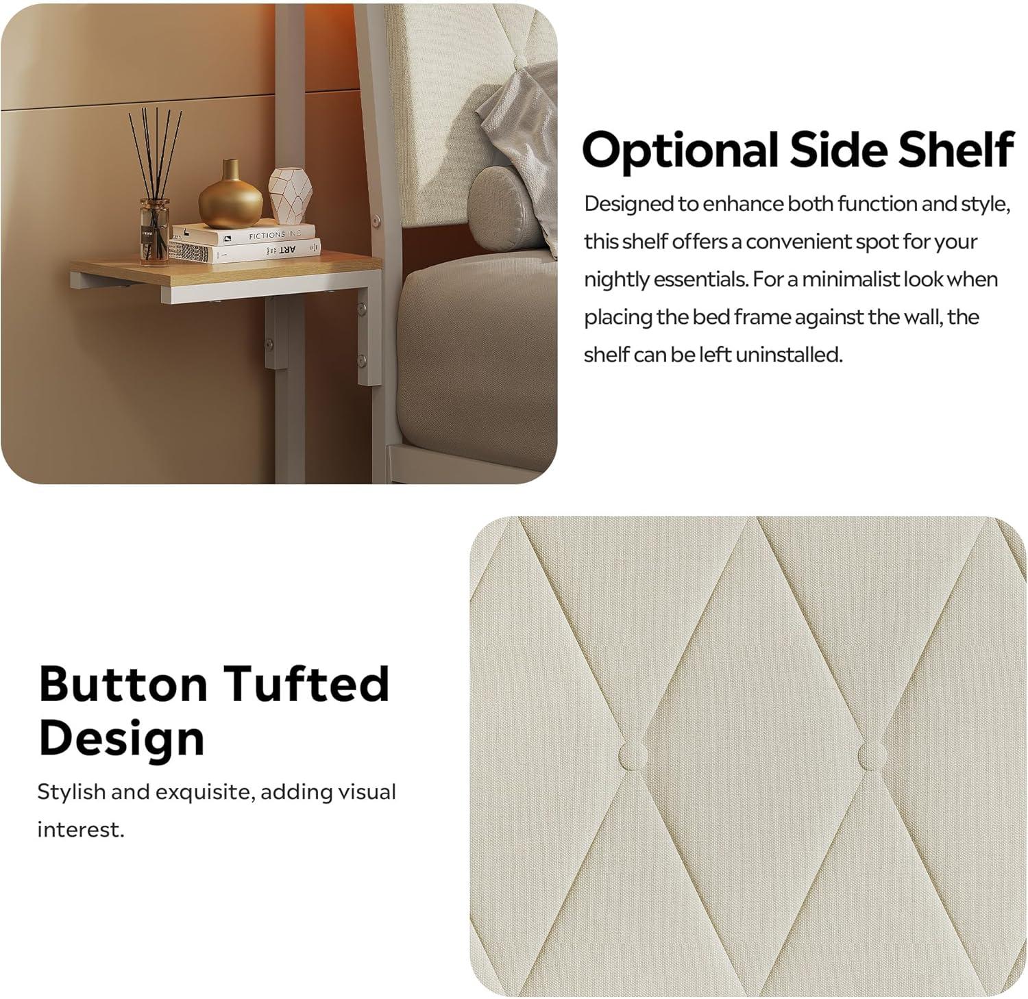 imageWLIVE Queen Size Upholstered Bed Frame with 2 Side Shelves Linen Tufted Storage Headboard with Charging Ports and LED Light Metal Solid and Stable No Box Spring Needed Easy Assembly BeigeWhite