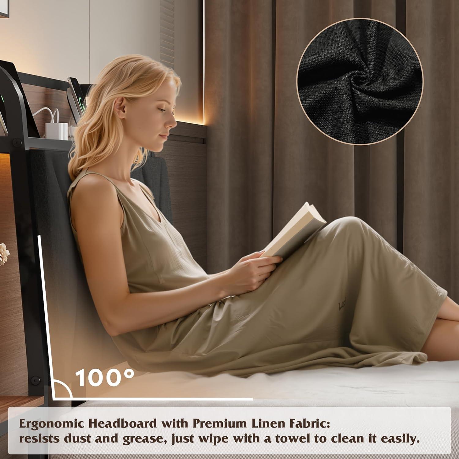 imageWLIVE Queen Size Upholstered Bed Frame with 2 Side Shelves Linen Tufted Storage Headboard with Charging Ports and LED Light Metal Solid and Stable No Box Spring Needed Easy Assembly BeigeBlack