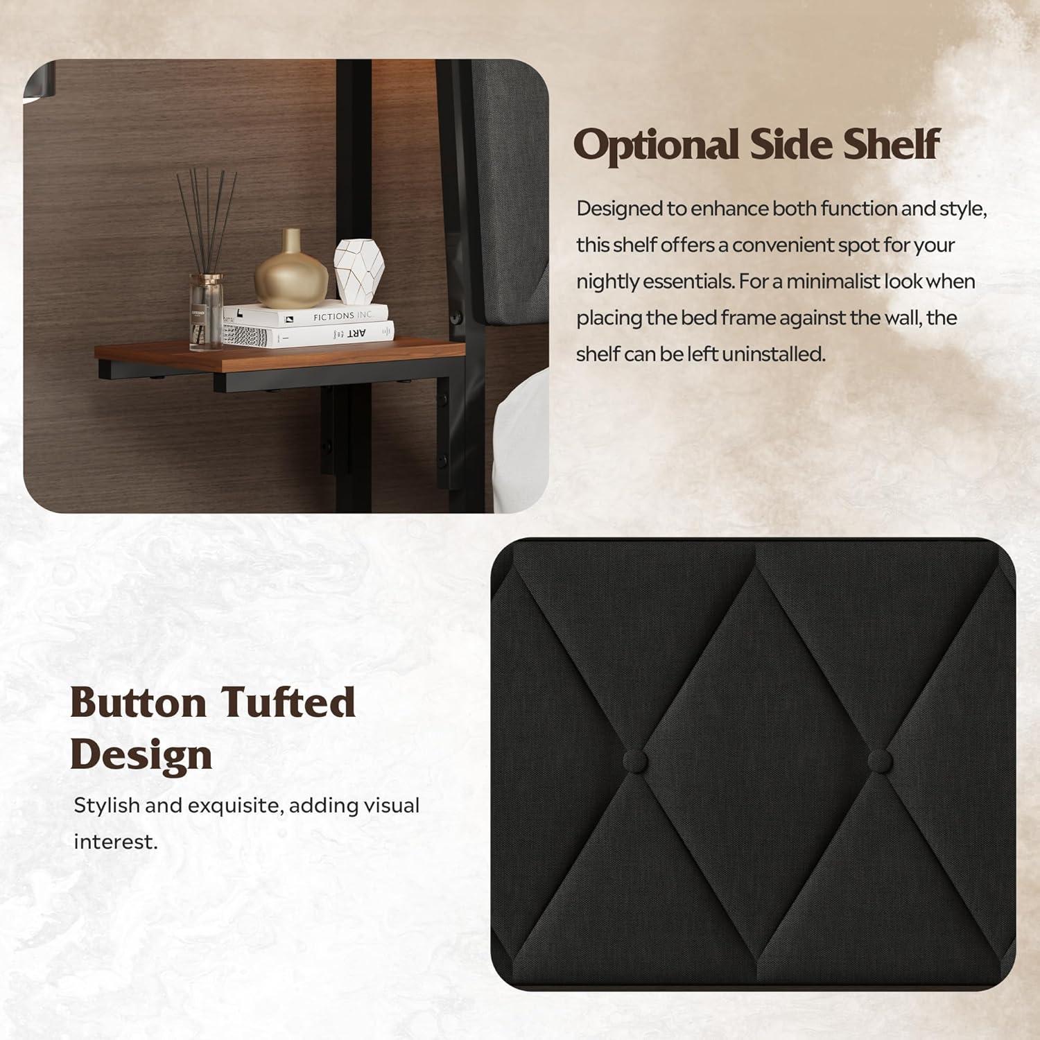 imageWLIVE Queen Size Upholstered Bed Frame with 2 Side Shelves Linen Tufted Storage Headboard with Charging Ports and LED Light Metal Solid and Stable No Box Spring Needed Easy Assembly BeigeBlack