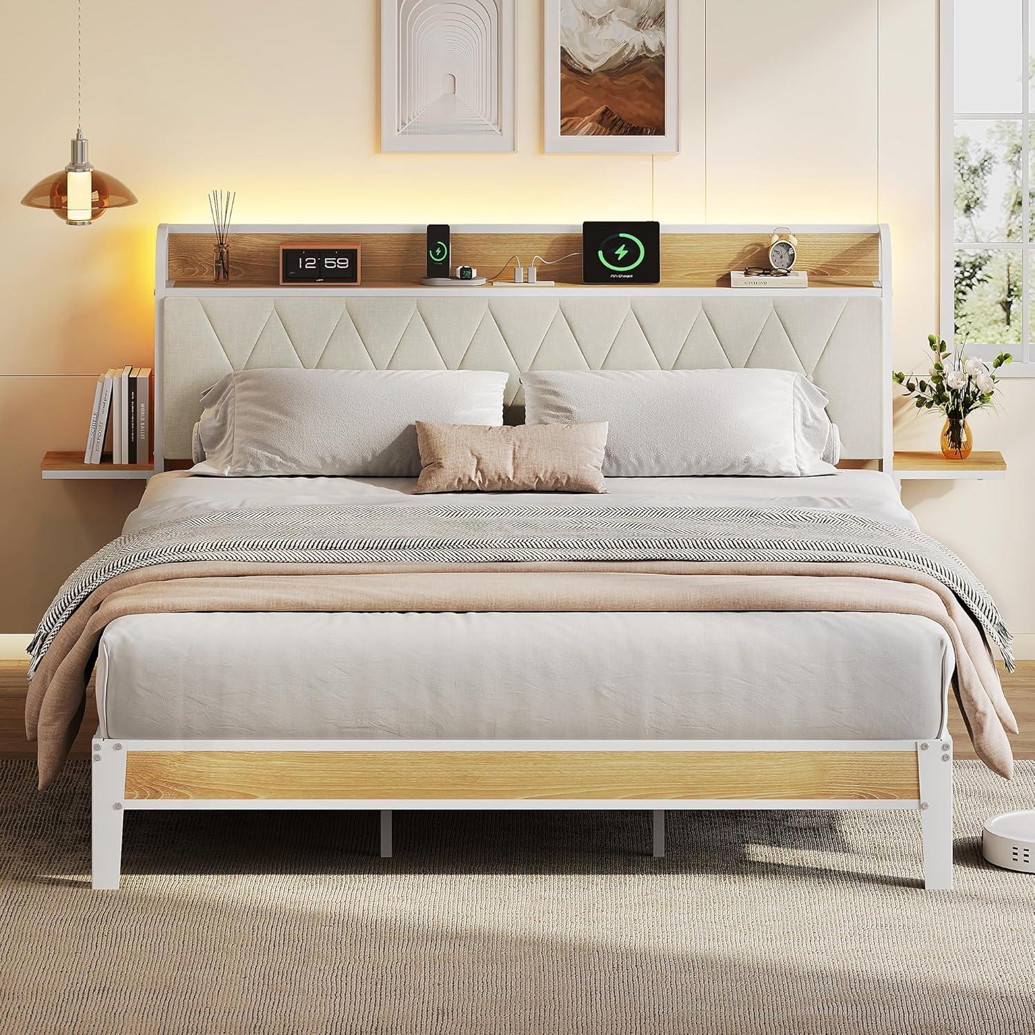 imageWLIVE Queen Size Upholstered Bed Frame with 2 Side Shelves Linen Tufted Storage Headboard with Charging Ports and LED Light Metal Solid and Stable No Box Spring Needed Easy Assembly BeigeWhite