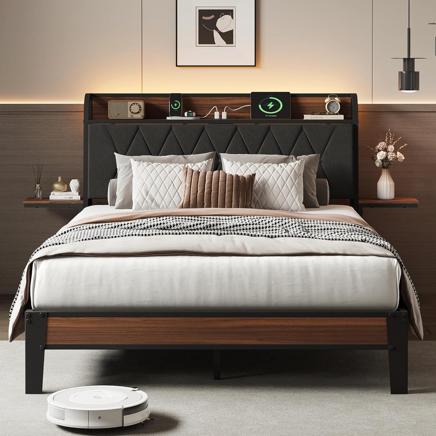 imageWLIVE Queen Size Upholstered Bed Frame with 2 Side Shelves Linen Tufted Storage Headboard with Charging Ports and LED Light Metal Solid and Stable No Box Spring Needed Easy Assembly BeigeBlack